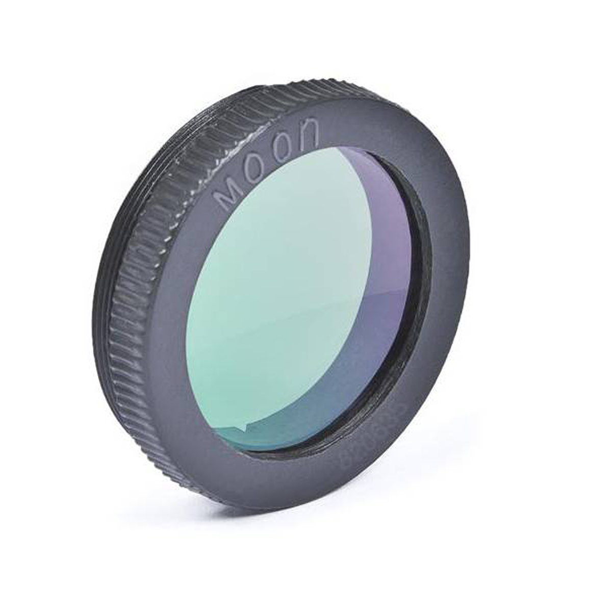 Grün-violetter Teleskopfilter mit schwarzem Rahmen, beschriftet mit 'MOON'.