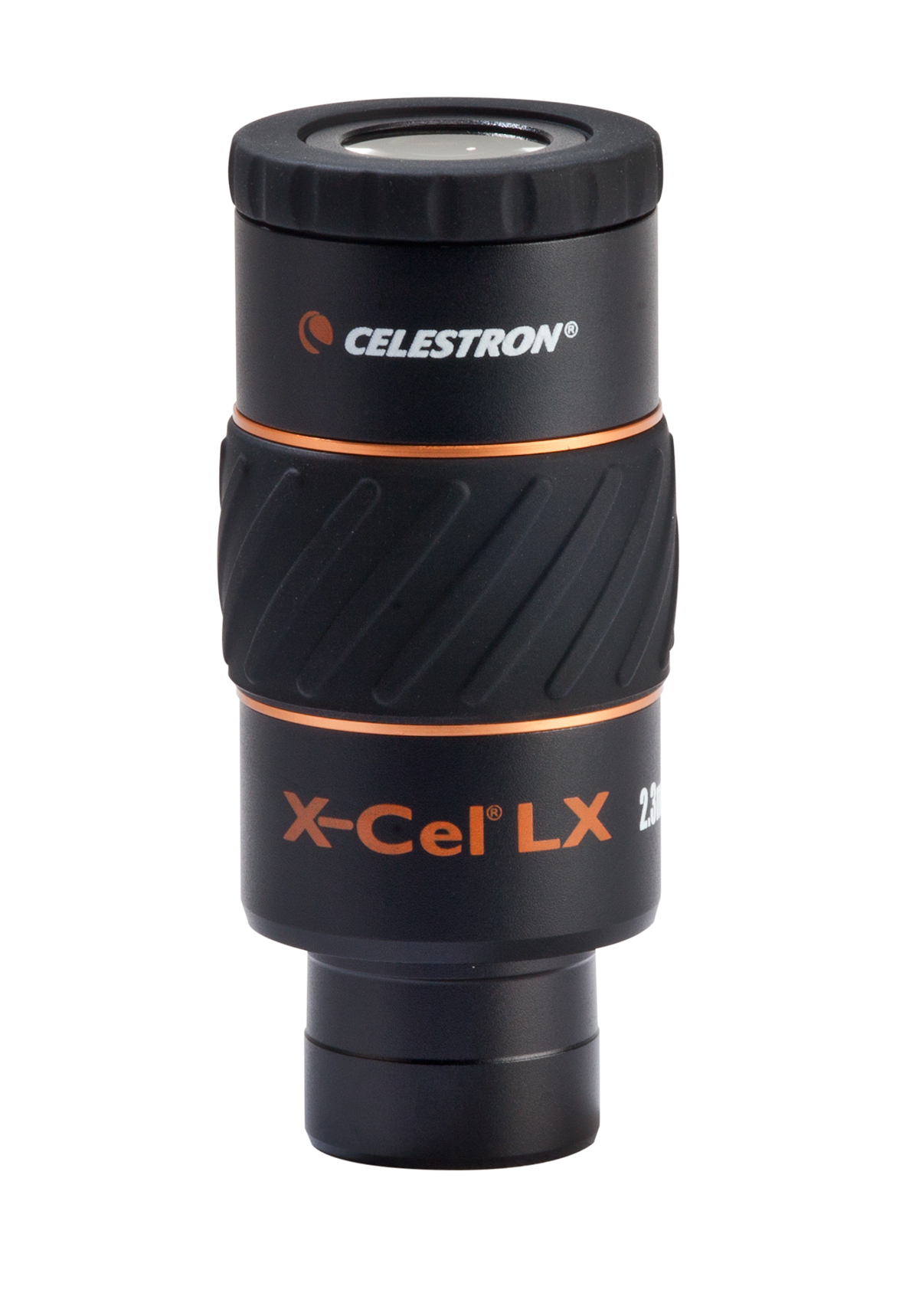 Schwarzes und orangefarbenes Celestron-Teleskopokular mit Text auf weißem Hintergrund.