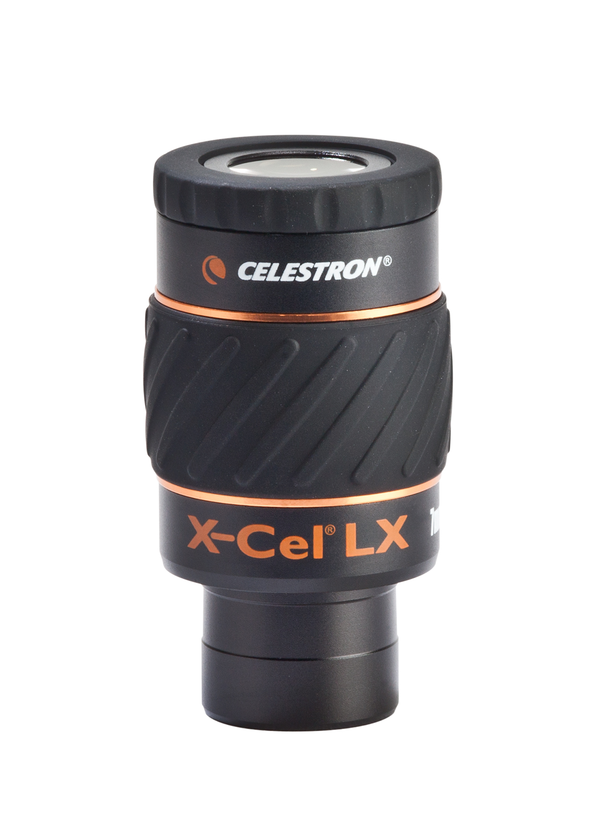Schwarzes und oranges Celestron Teleskopokular auf weißem Hintergrund, mit dem Celestron Logo.