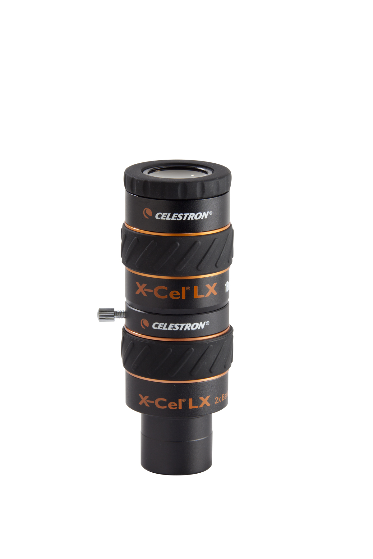 Schwarzes und oranges Teleskopokular mit Celestron-Branding und einstellbaren Ringen.
