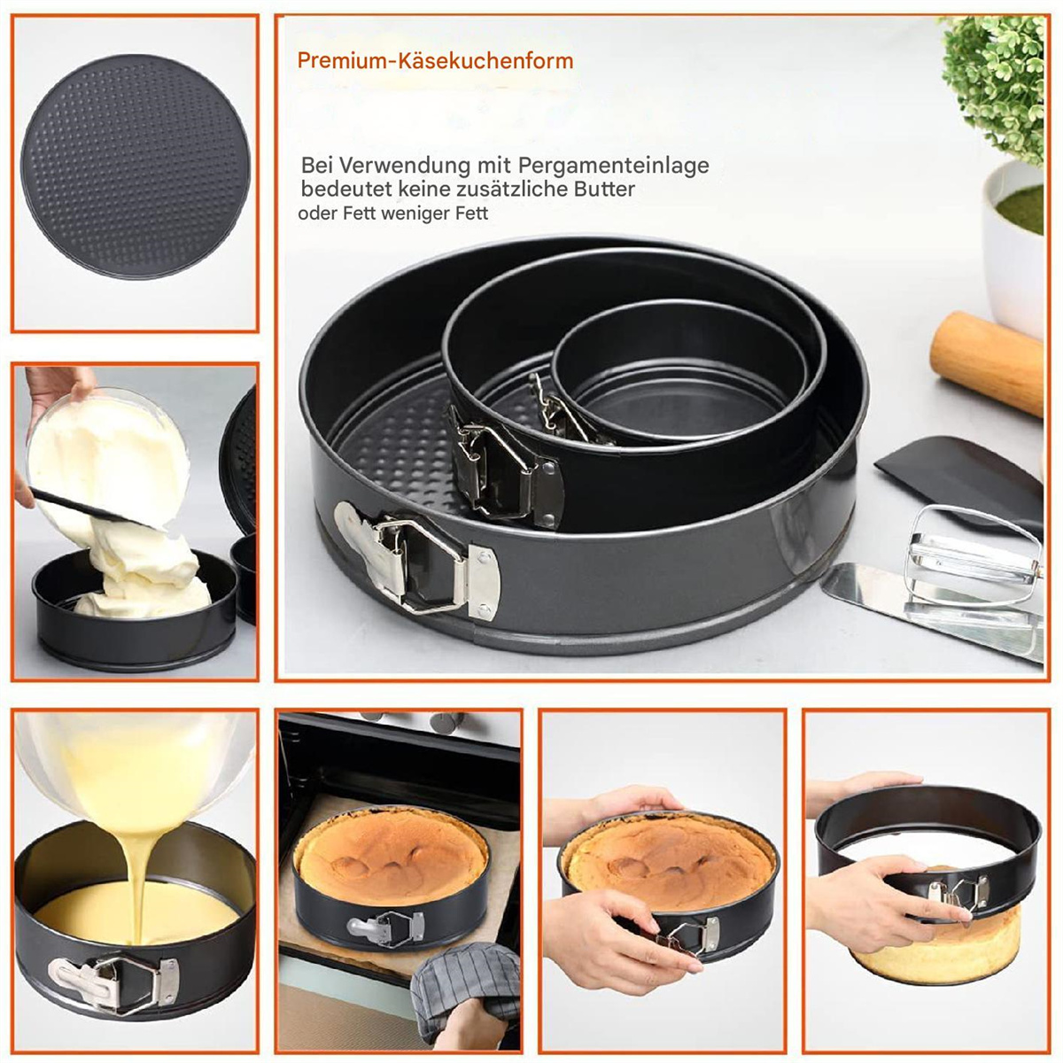 Verschiedene Backformen und Zutaten. Enthält eine Rührschüssel, Teig und einen gebackenen Kuchen mit einem Spatel.