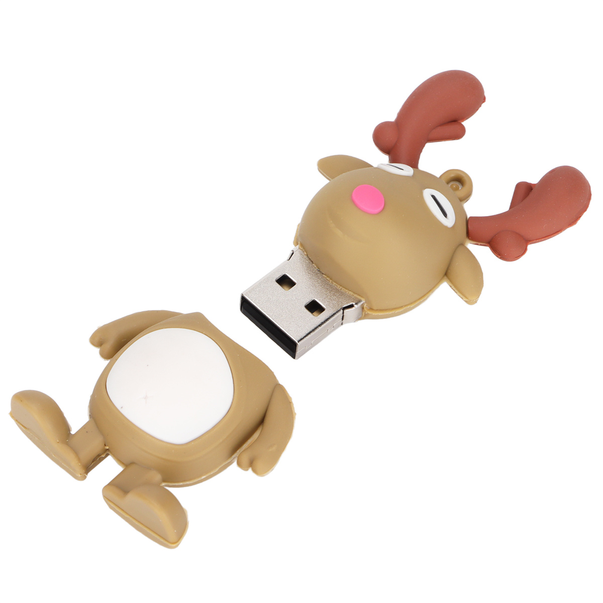 Ein rentierförmiger USB-Stick, braun und beige, mit getrenntem Körper und Kopf.