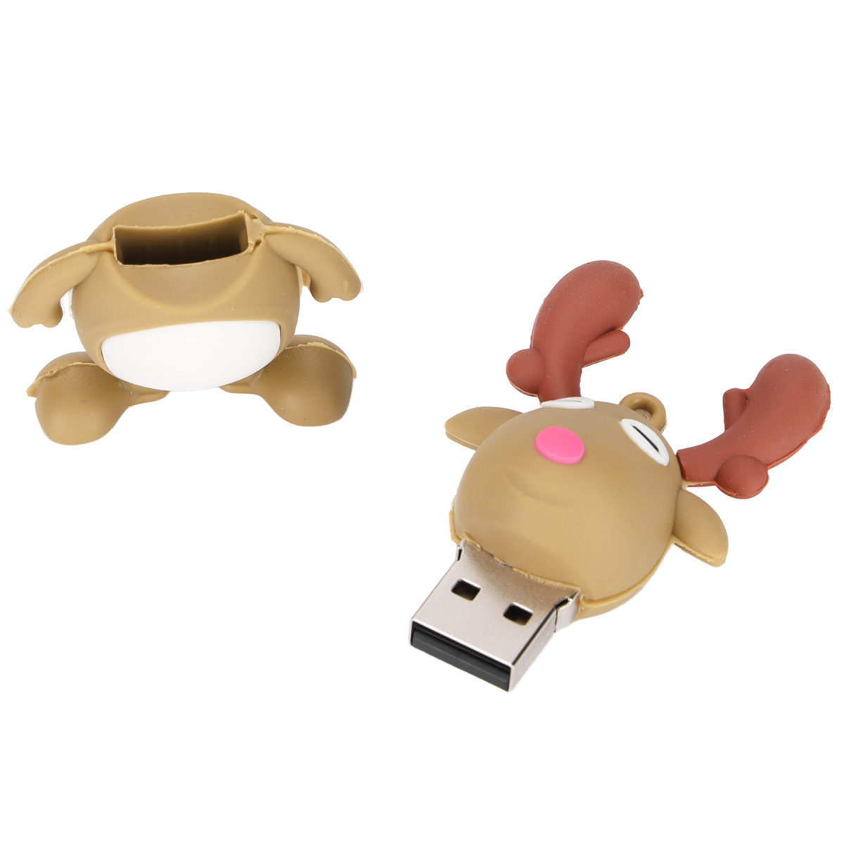 Zwei Cartoon-Rentier-USB-Sticks, einer offen, einer mit freiliegendem USB-Anschluss.