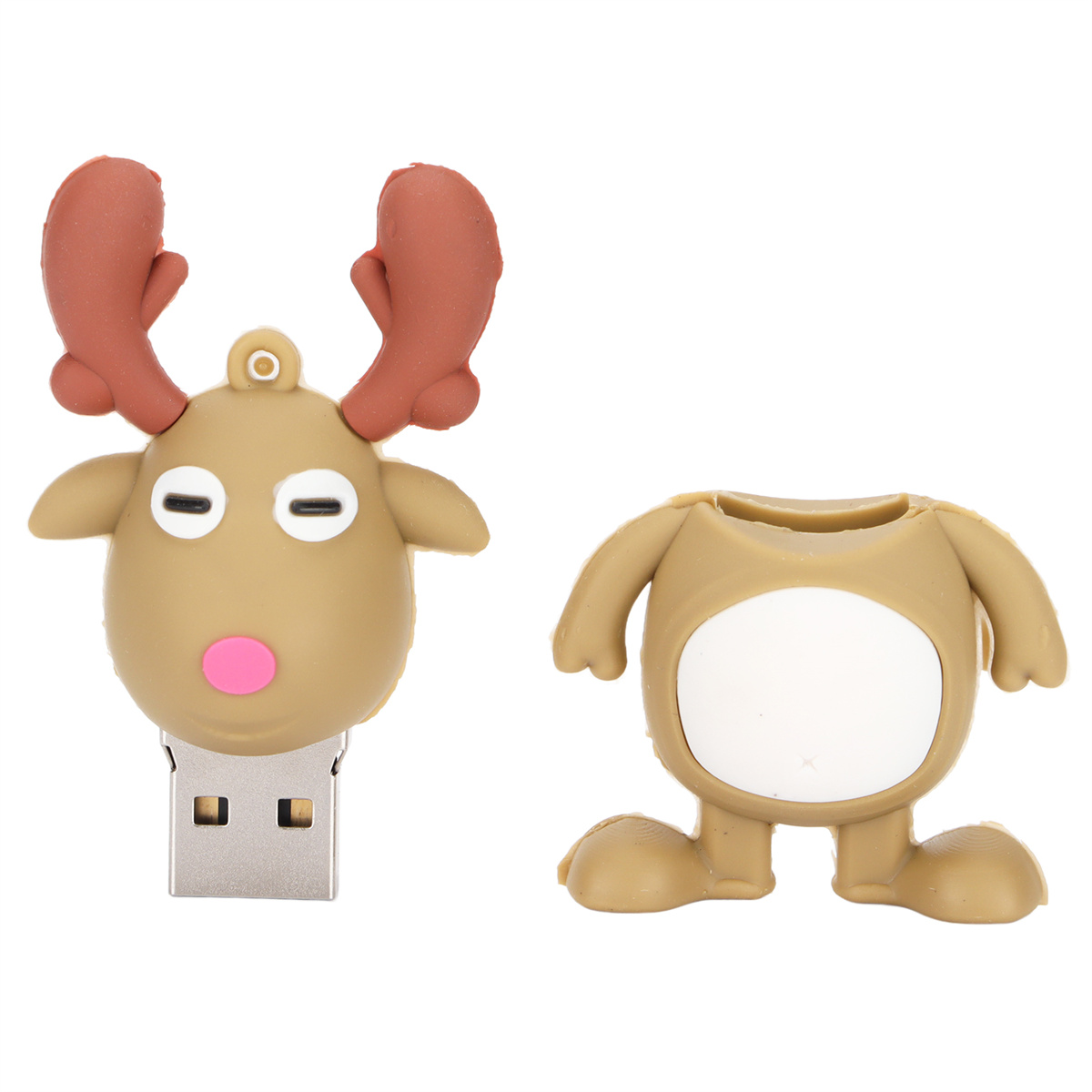 Ein brauner Rentier-USB-Stick mit Kopf und Geweih links und Körper rechts.