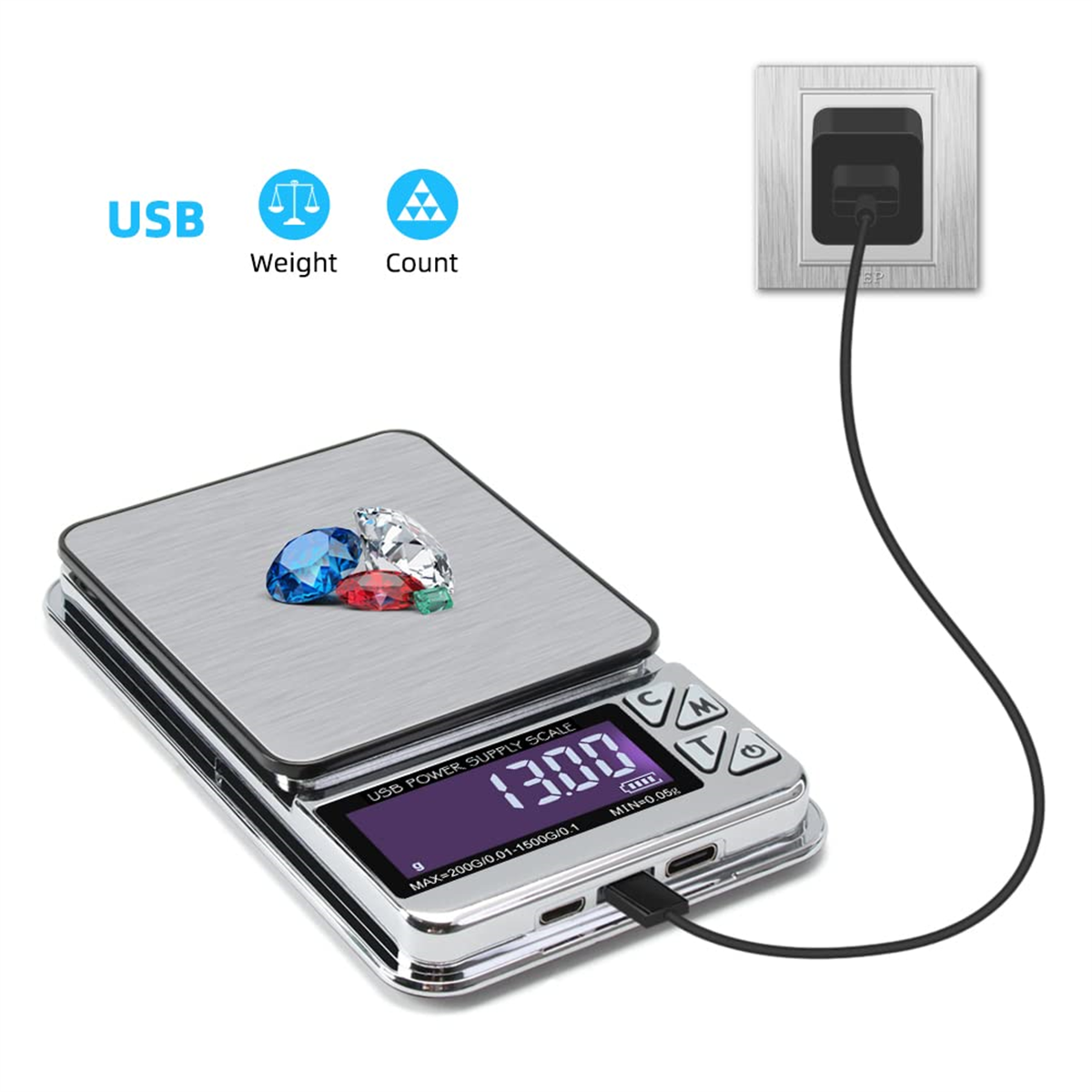Waage mit Edelsteinen und Digitalanzeige. Angeschlossen an eine Steckdose. USB-, Gewichts-, Zählsymbole.