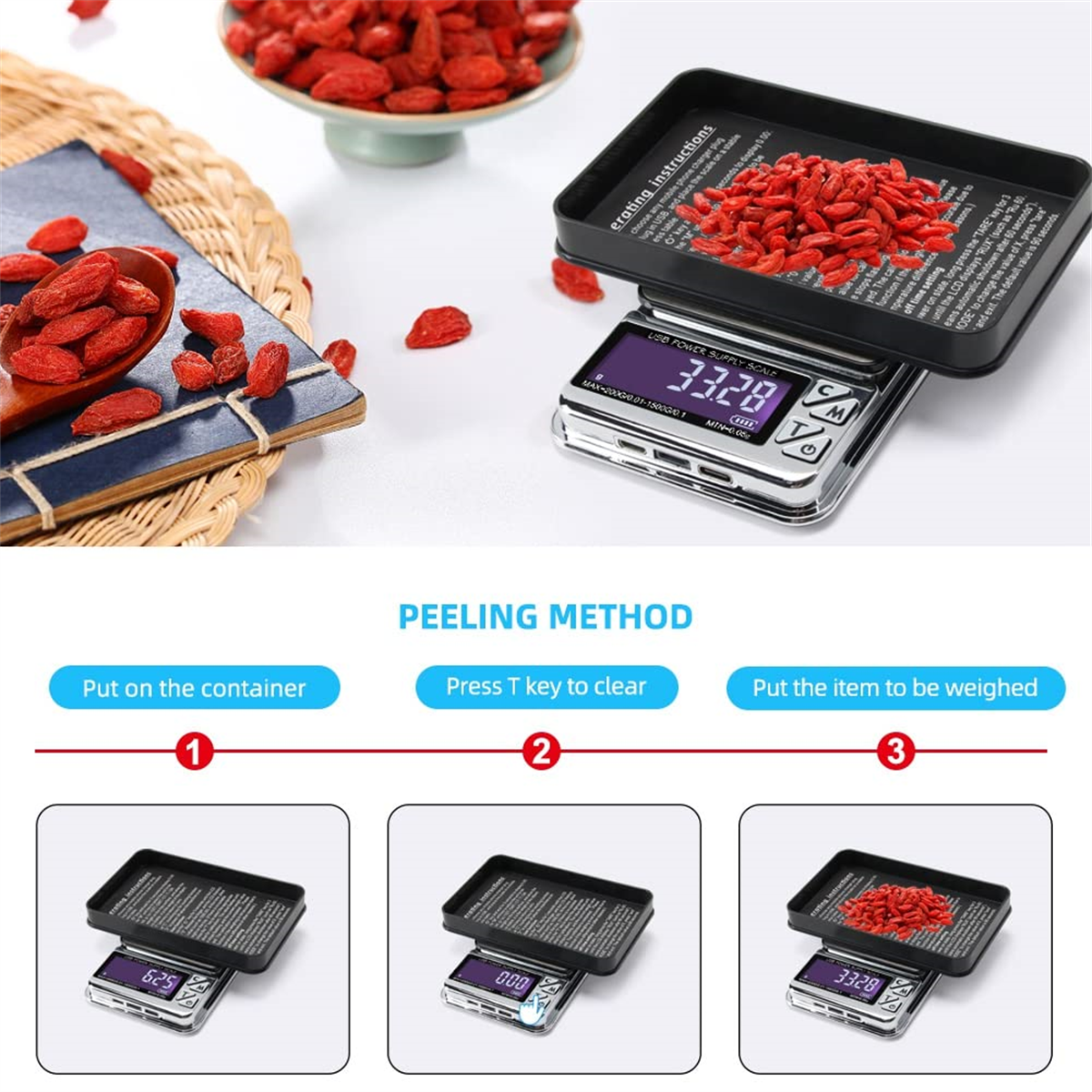 Eine Digitalwaage mit einer Schale mit Goji-Beeren und Anweisungen zum Wiegen.