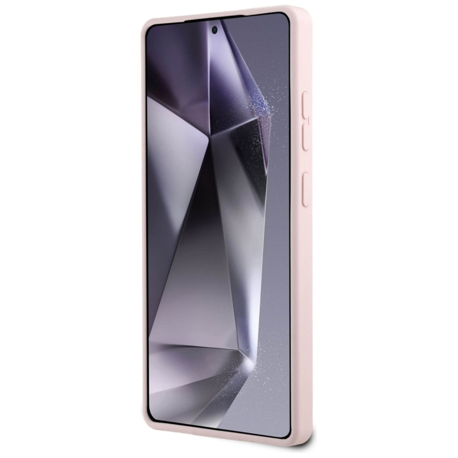 Różowe etui na telefon z telefonem w środku. Widoczny ekran z geometrycznym wzorem. Białe tło.