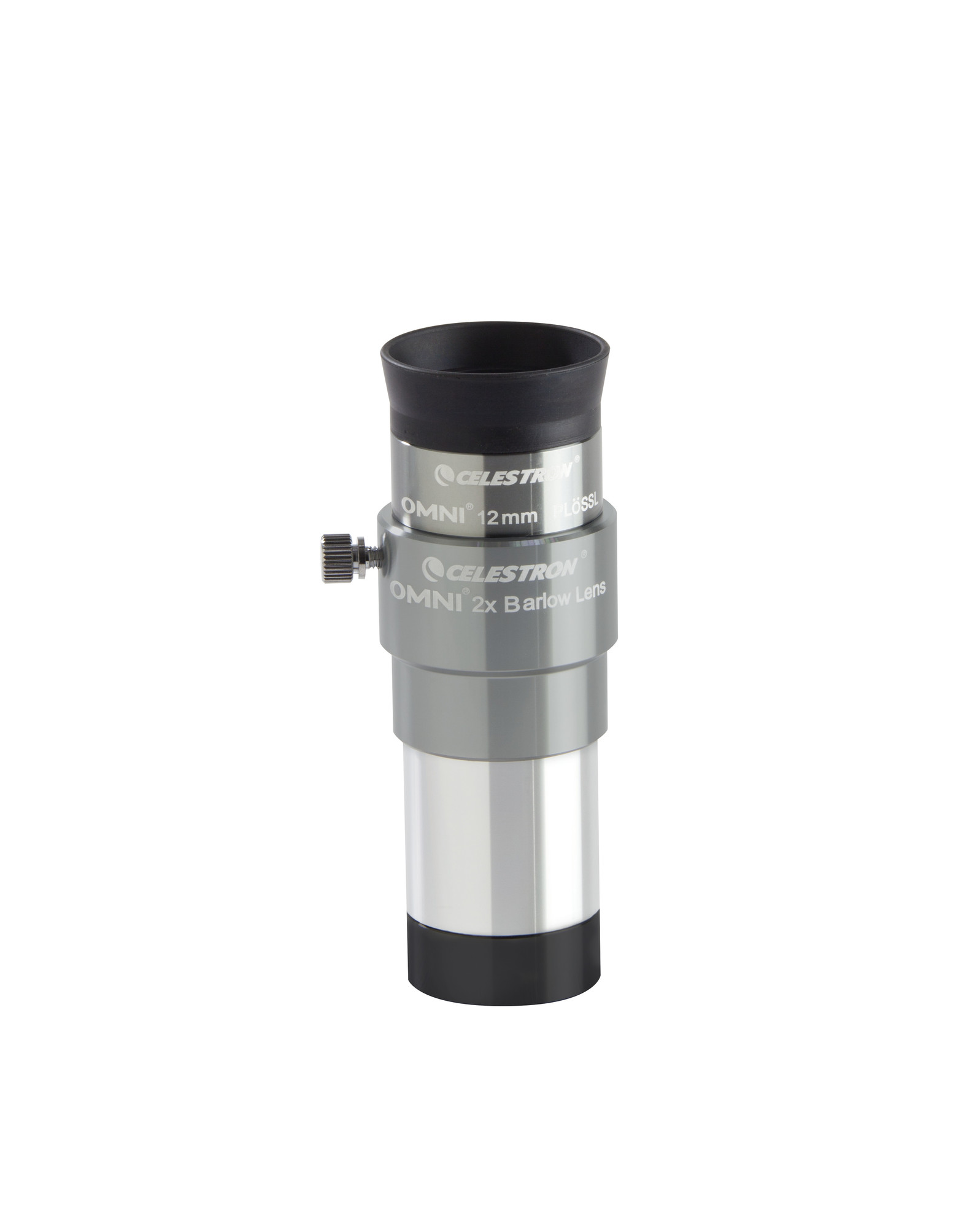 Silbernes und schwarzes Teleskopokular mit der Marke Celestron.