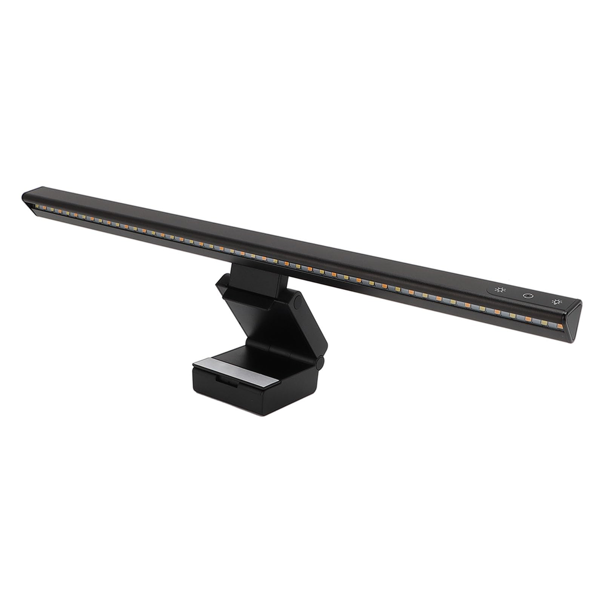 Schwarze Schreibtischlampe mit einem langen, dünnen Lichtbalken und verstellbarem Ständer.