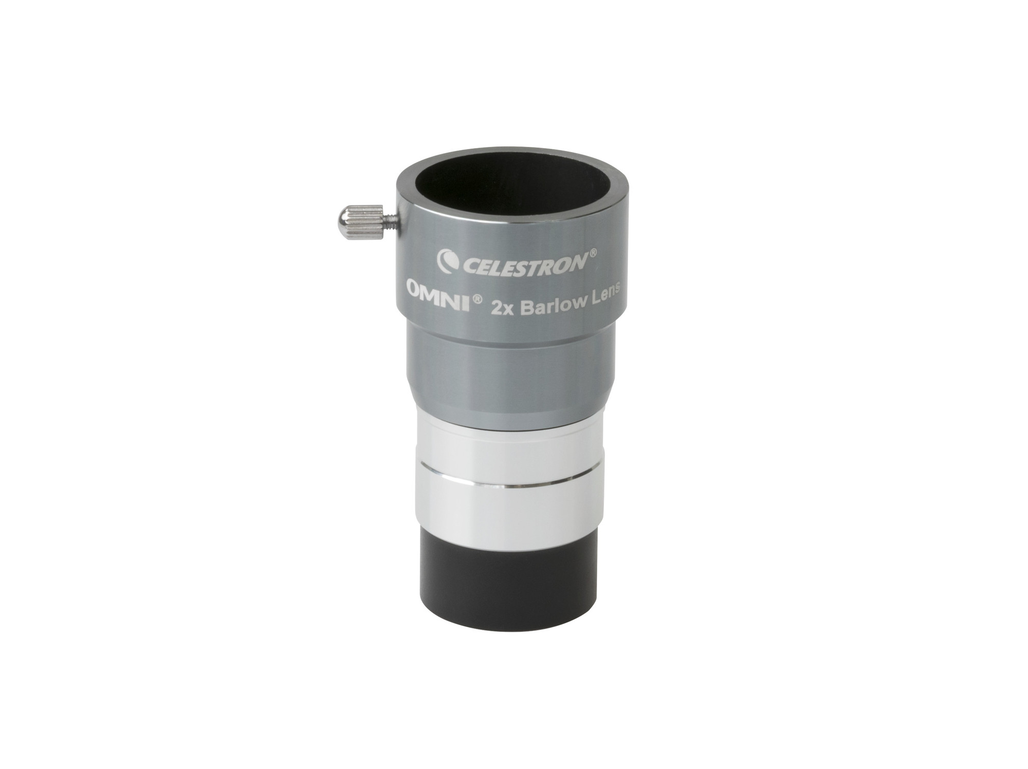Graues und schwarzes Teleskopokular mit Celestron OMNI 2x Barlow Lens Branding.