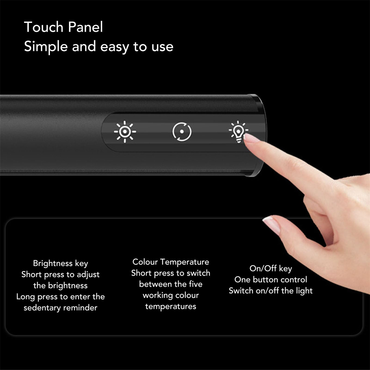 Touch-Panel mit Helligkeits-, Farbtemperatur- und Ein/Aus-Tasten mit Textbeschreibungen.
