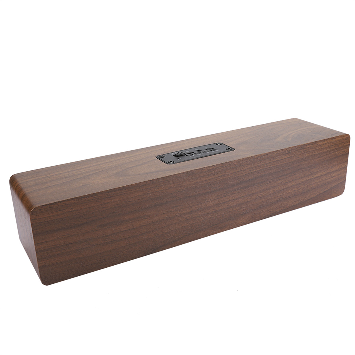 Holzlautsprecher mit schwarzem Bedienfeld oben.