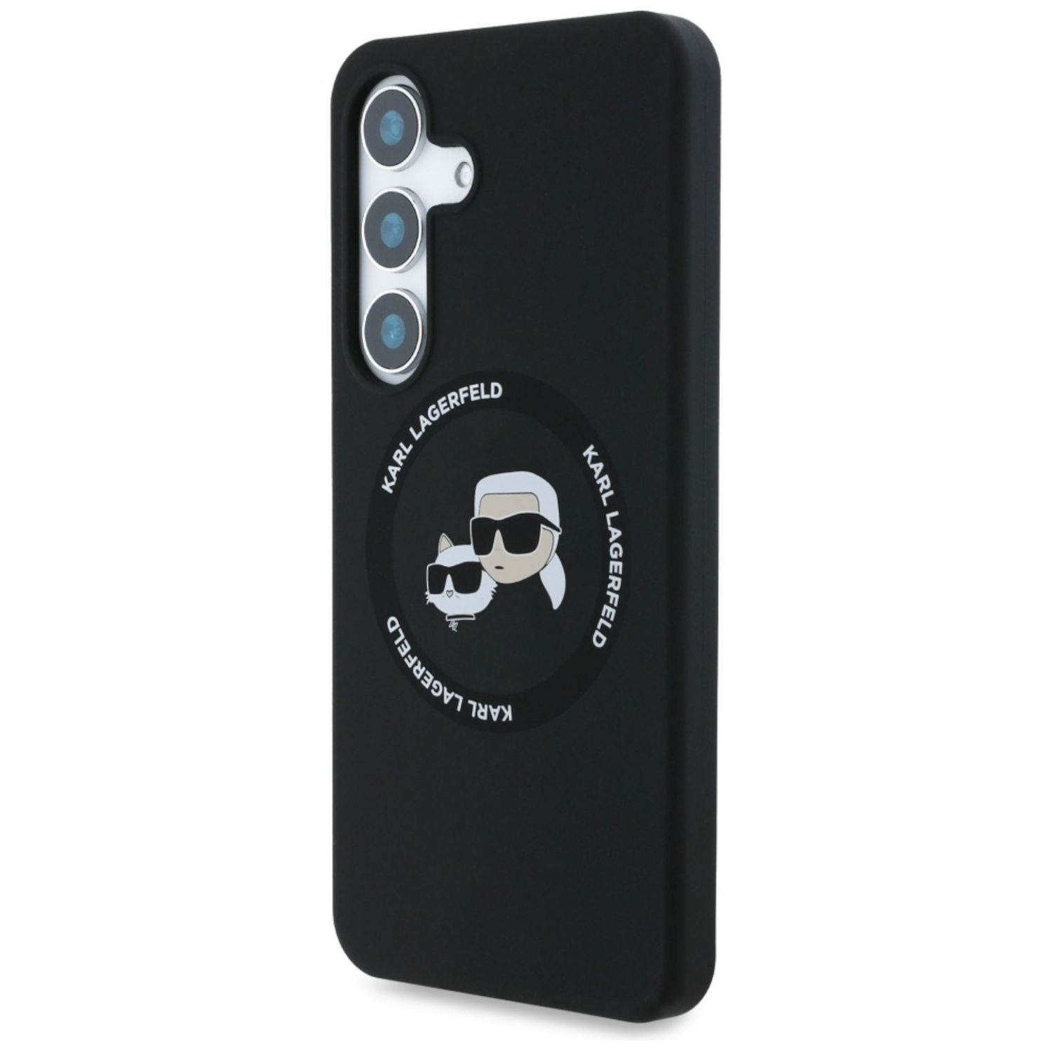 Czarne etui na telefon z logo kota i imieniem Karl Lagerfeld. Białe tło.