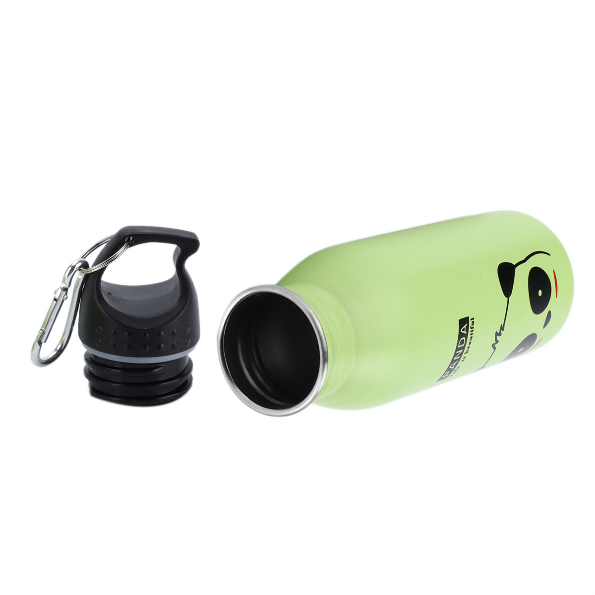 Grüne Panda-Flasche. Geöffnete Flasche mit schwarzem Deckel. Die Flasche zeigt das Panda-Gesicht.