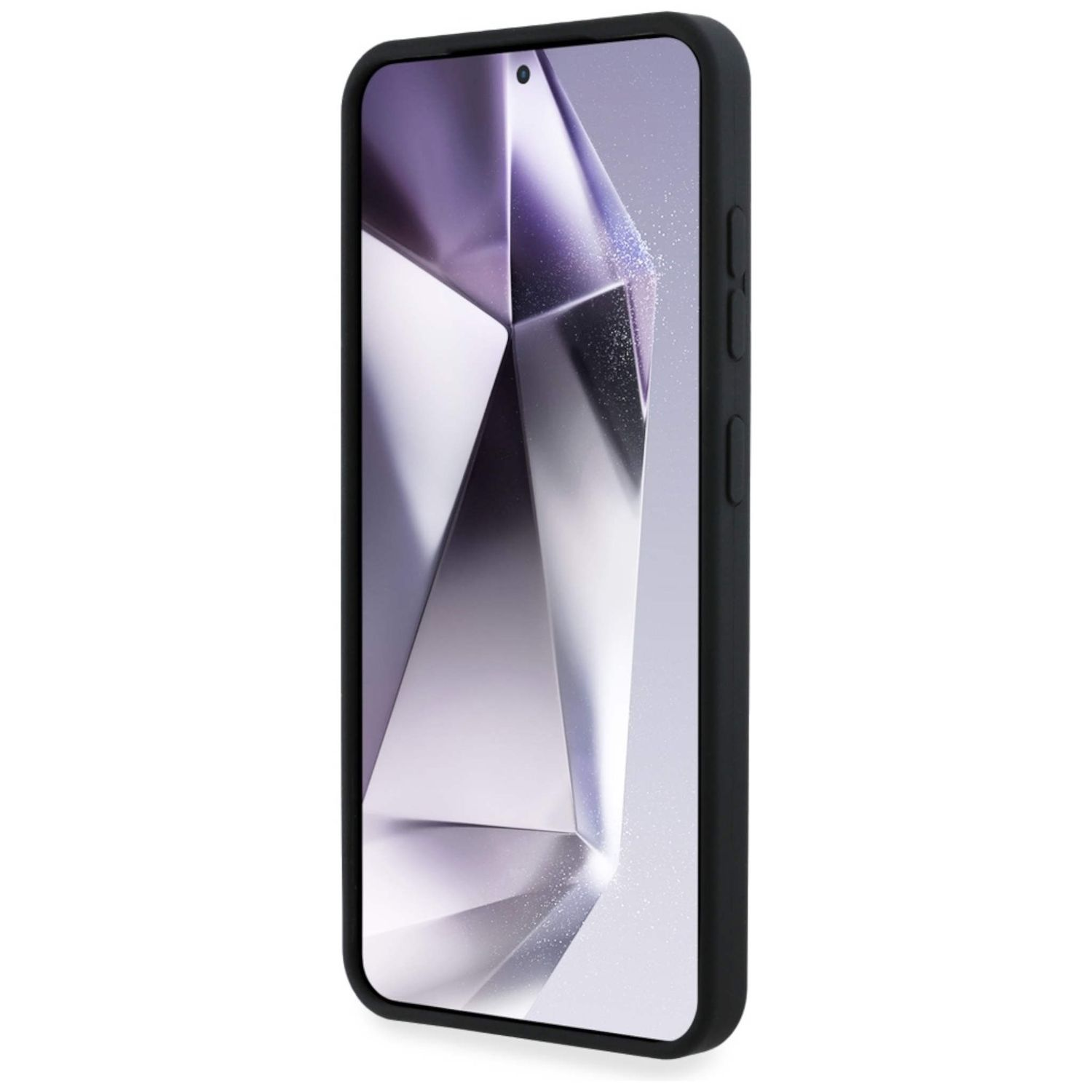 Czarny telefon w czarnym etui, lekko pochylony.