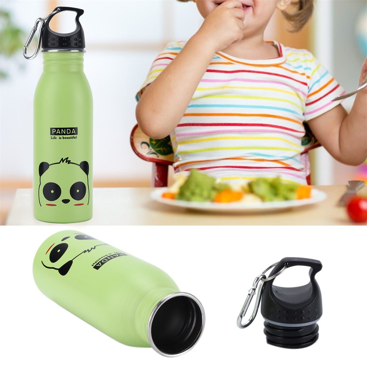 Kind mit Panda-Wasserflasche und Essen auf einem Teller. Flasche hat Panda-Design. Text: Life is beautiful.