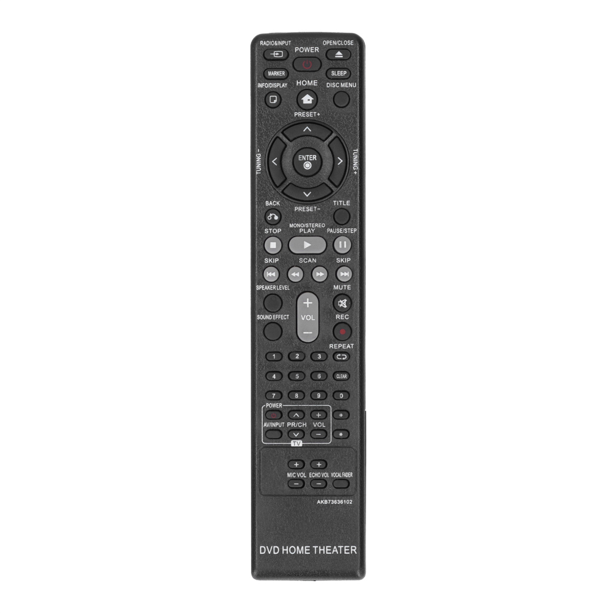 Eine schwarze Fernbedienung mit verschiedenen Tasten und Beschriftungen für ein DVD-Heimkino.