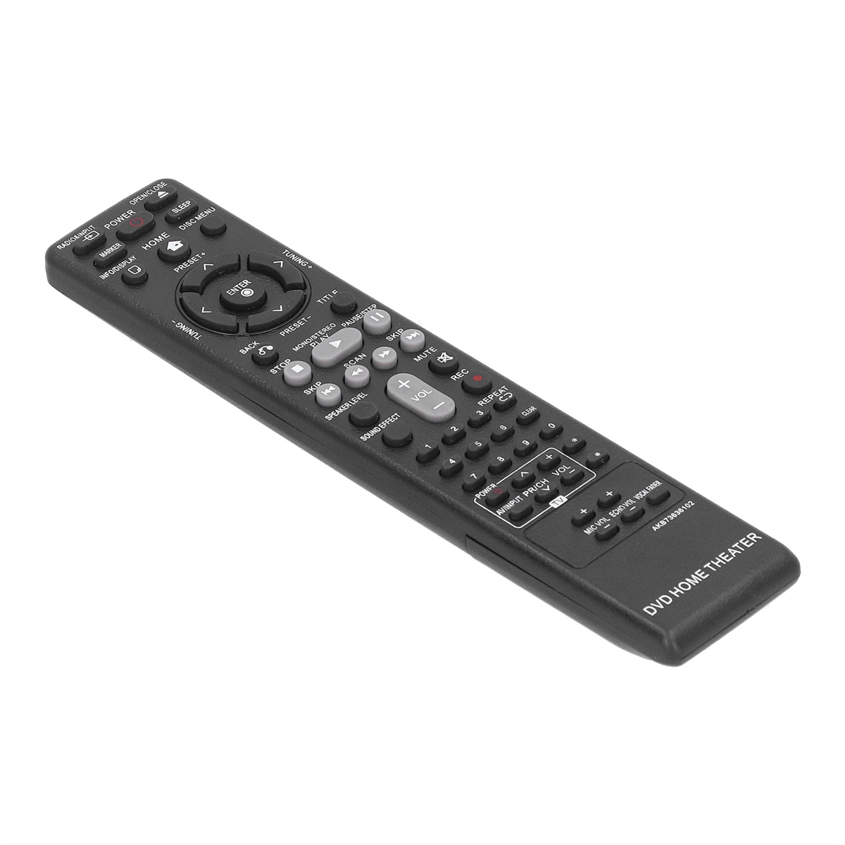 Schwarze DVD-Heimkino-Fernbedienung mit vielen Knöpfen.