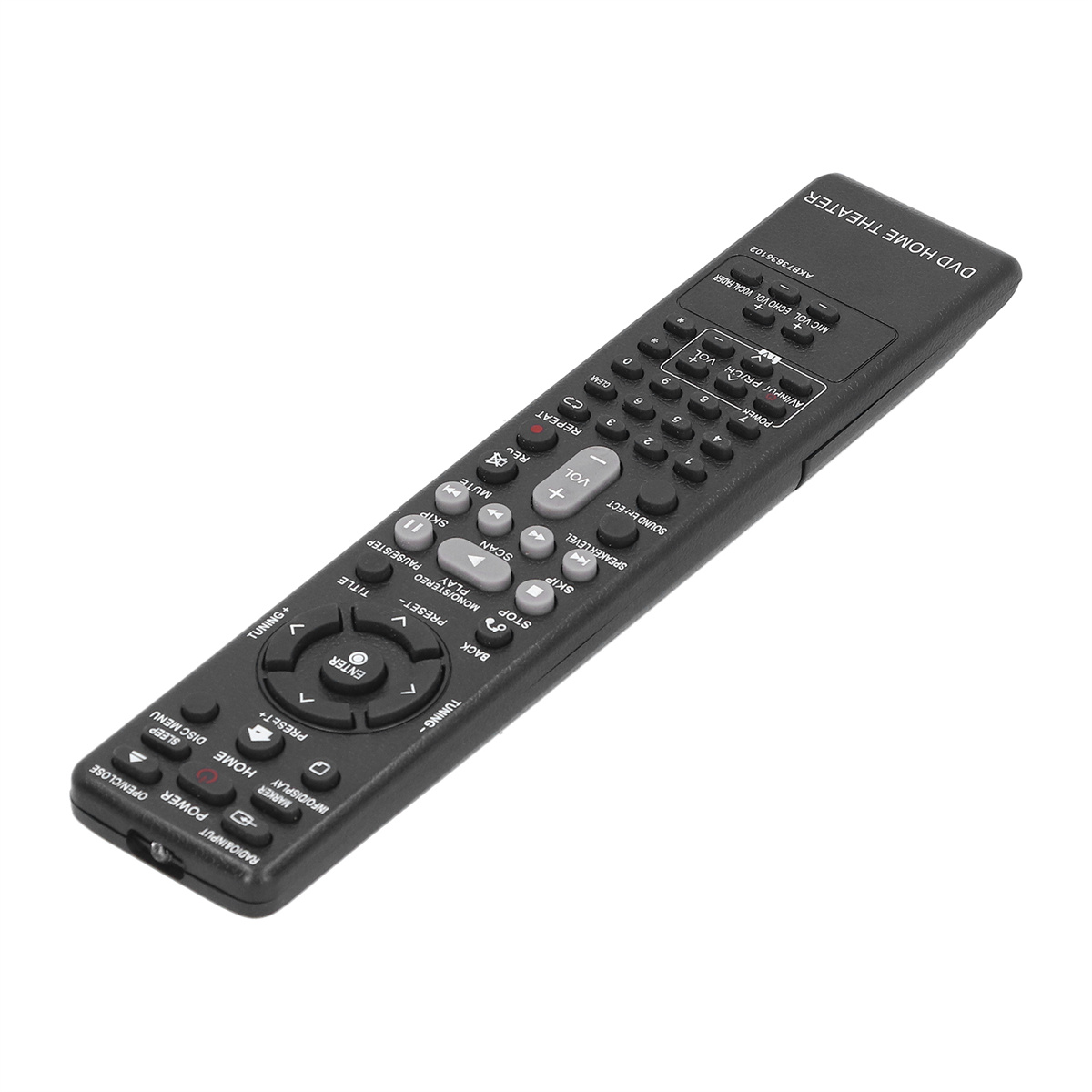 Schwarze DVD-Heimkino-Fernbedienung mit vielen Tasten. Die Fernbedienung liegt auf weißem Untergrund.