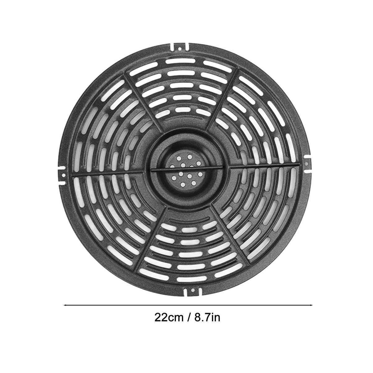 Schwarzes Luftfritteusen-Gestell mit einem Maß von 22 cm / 8,7 Zoll. Draufsicht.