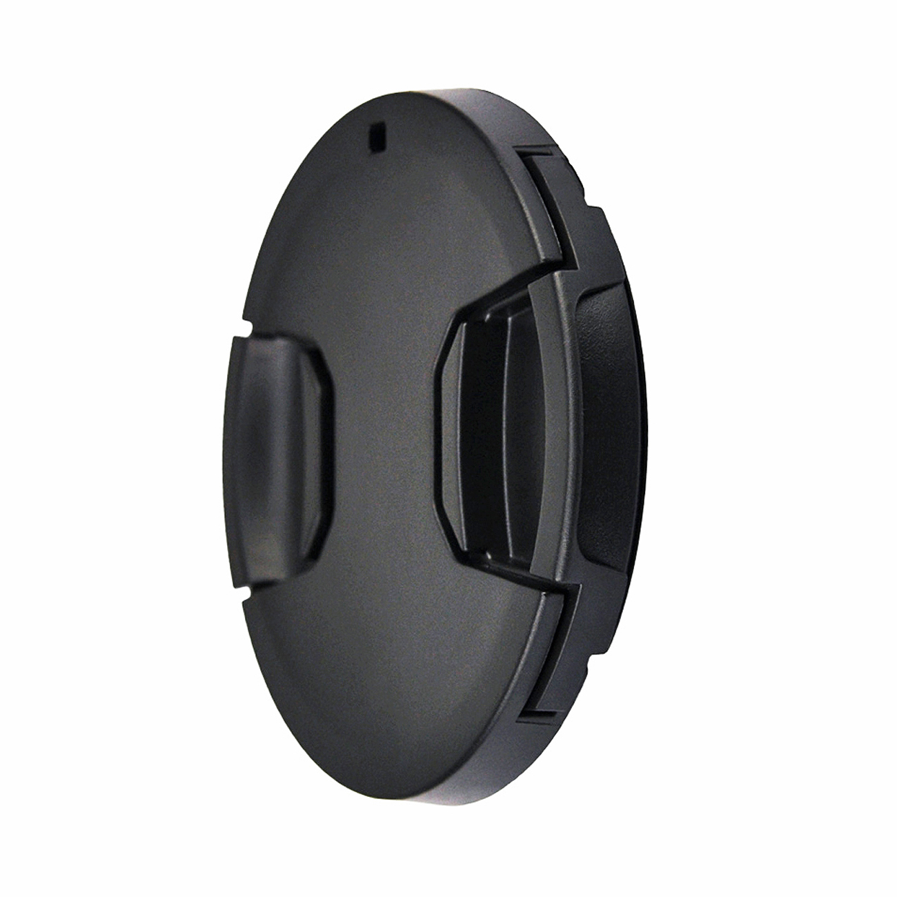 Eine schwarze Objektivkappe mit strukturierter Oberfläche und einfachem Design, vor weißem Hintergrund.