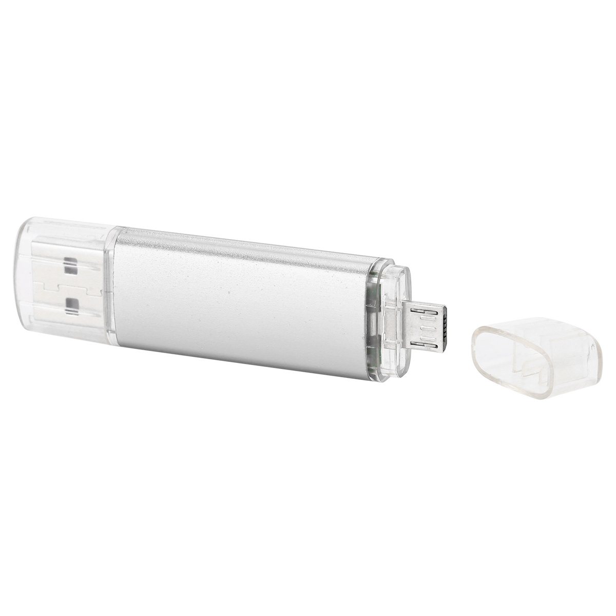 Silberner USB-Stick mit Micro-USB-Anschluss und transparentem Deckel.