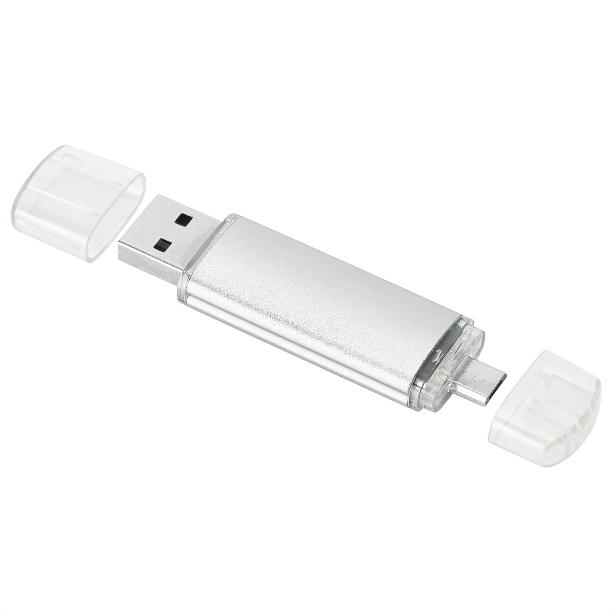 Ein silberner USB-Stick mit geöffneten Abdeckungen, die die USB- und Micro-USB-Anschlüsse zeigen.