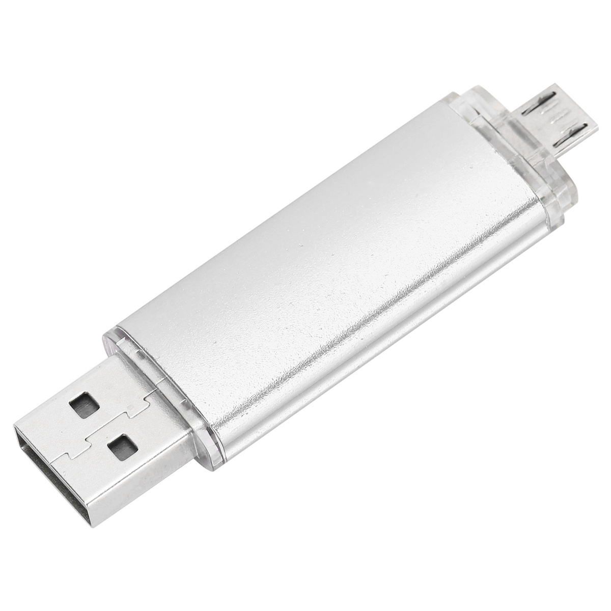 Ein silberner USB-Stick mit Doppelanschluss für USB und Micro-USB.