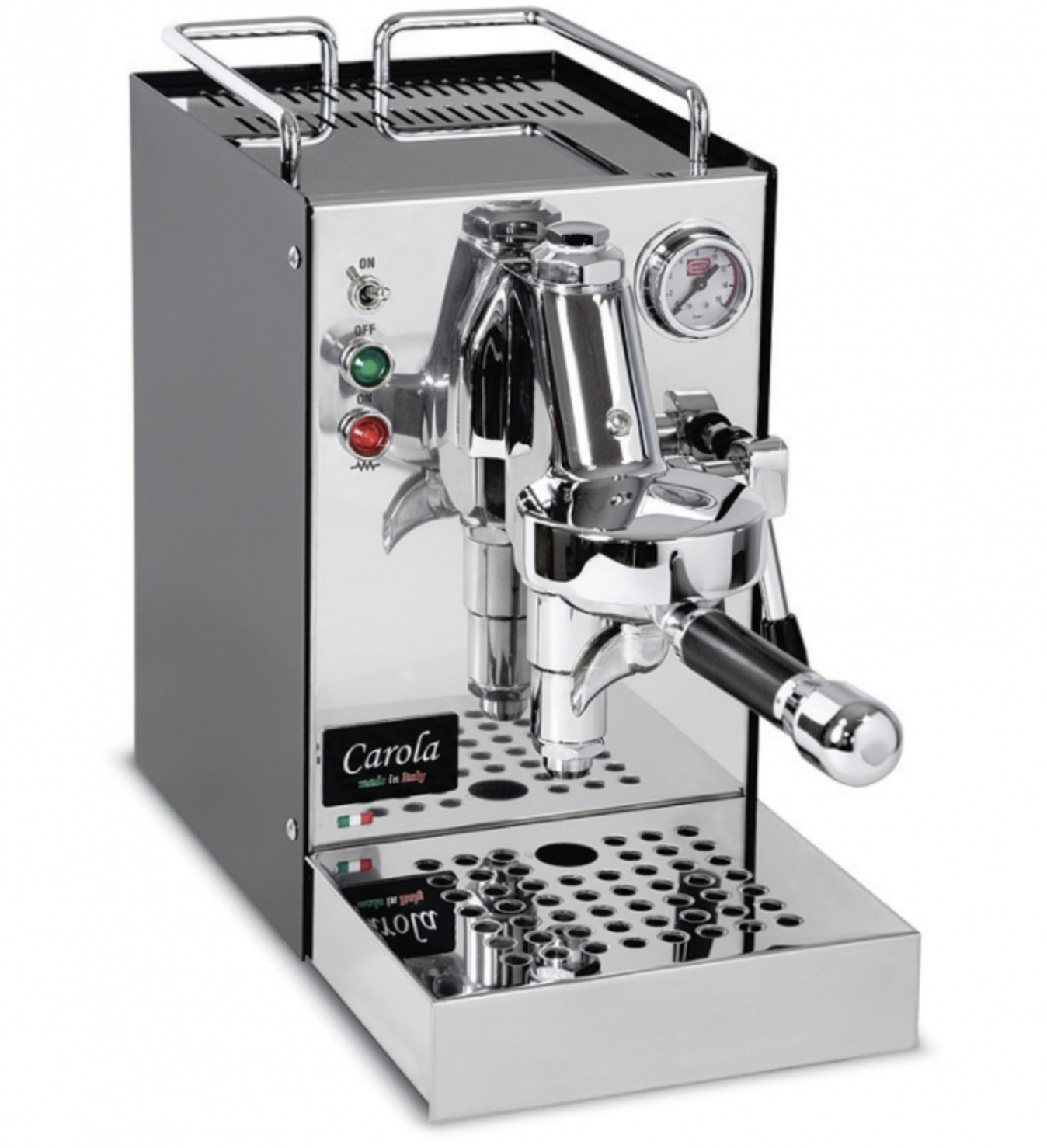 Macchina per espresso cromata lucida con manico nero.