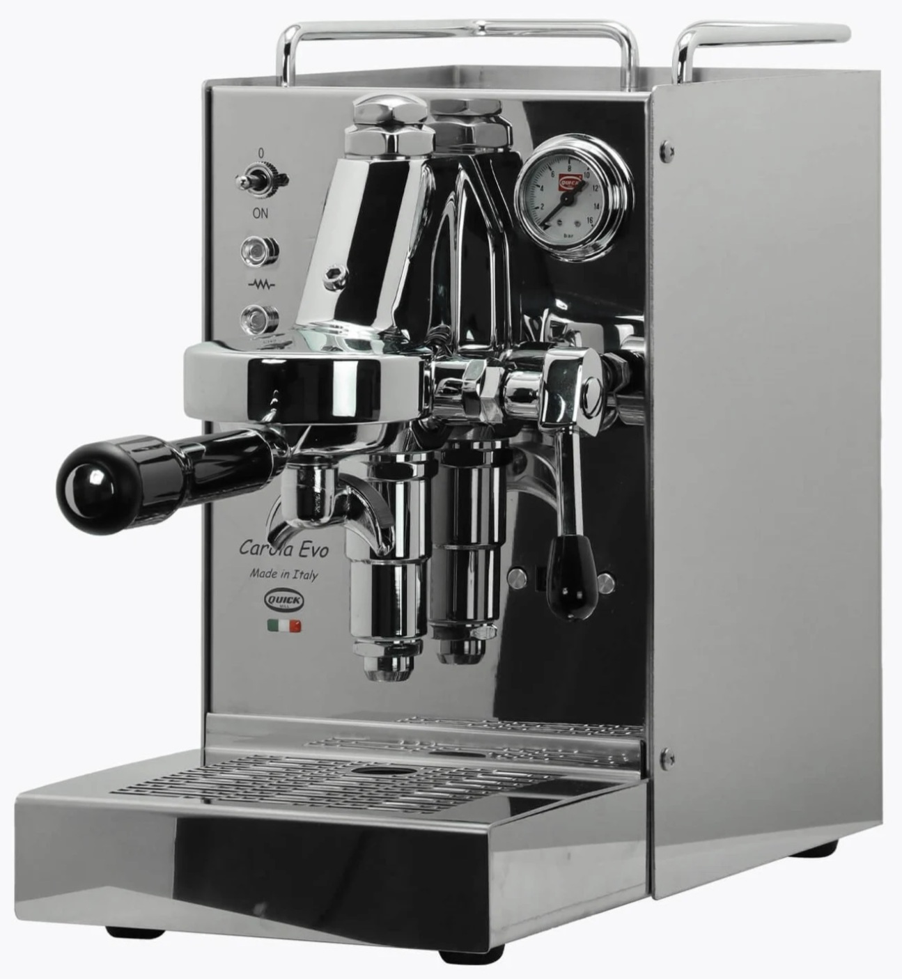 Una macchina per espresso Carola EVO in acciaio inossidabile con indicatori e leve.
