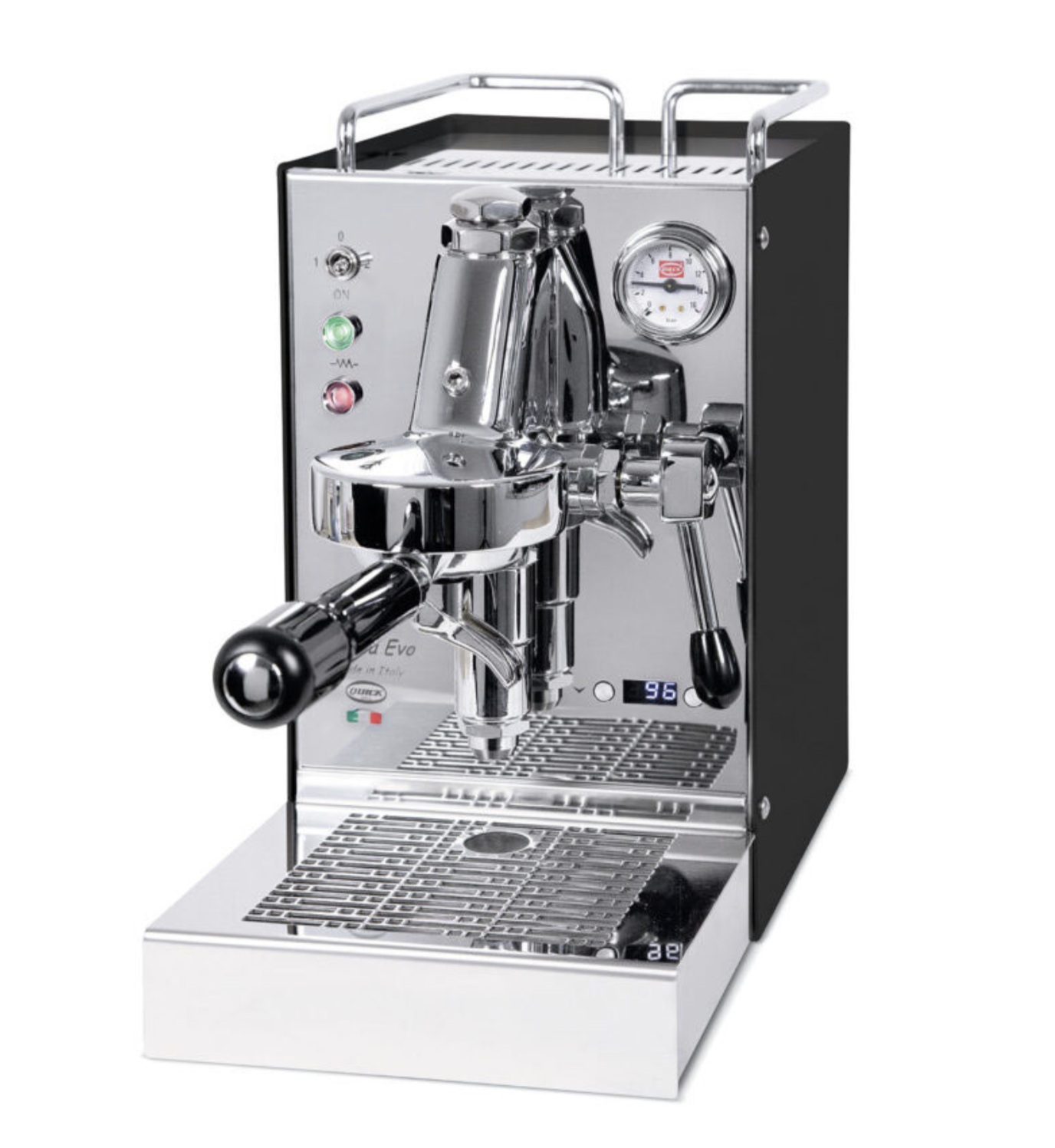 Macchina per espresso nera e argento con indicatori e una leva.