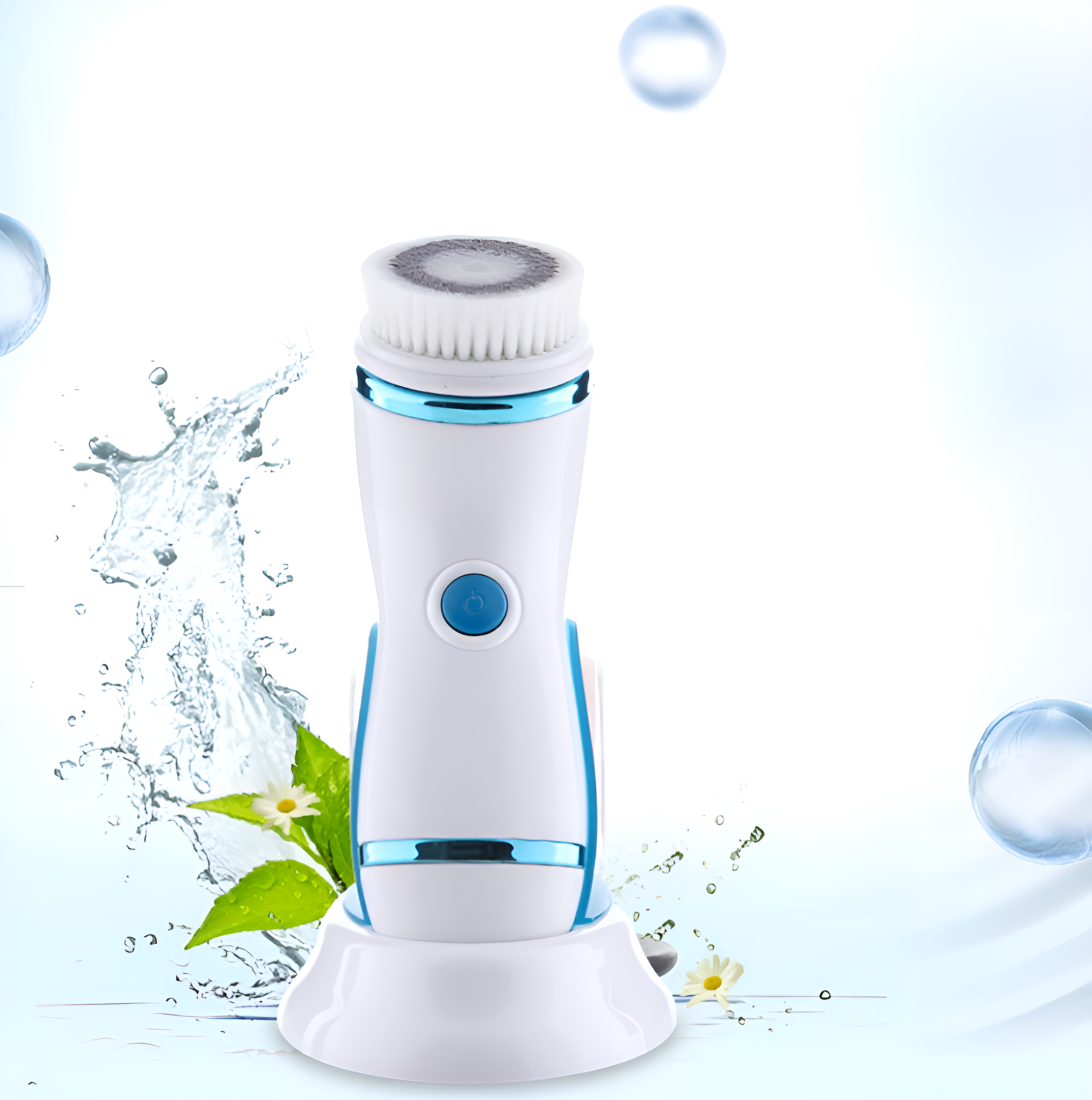Weiße Gesichtsreinigungsbürste mit weißem Ständer. Im Hintergrund Wasser und Blumeneffekte.