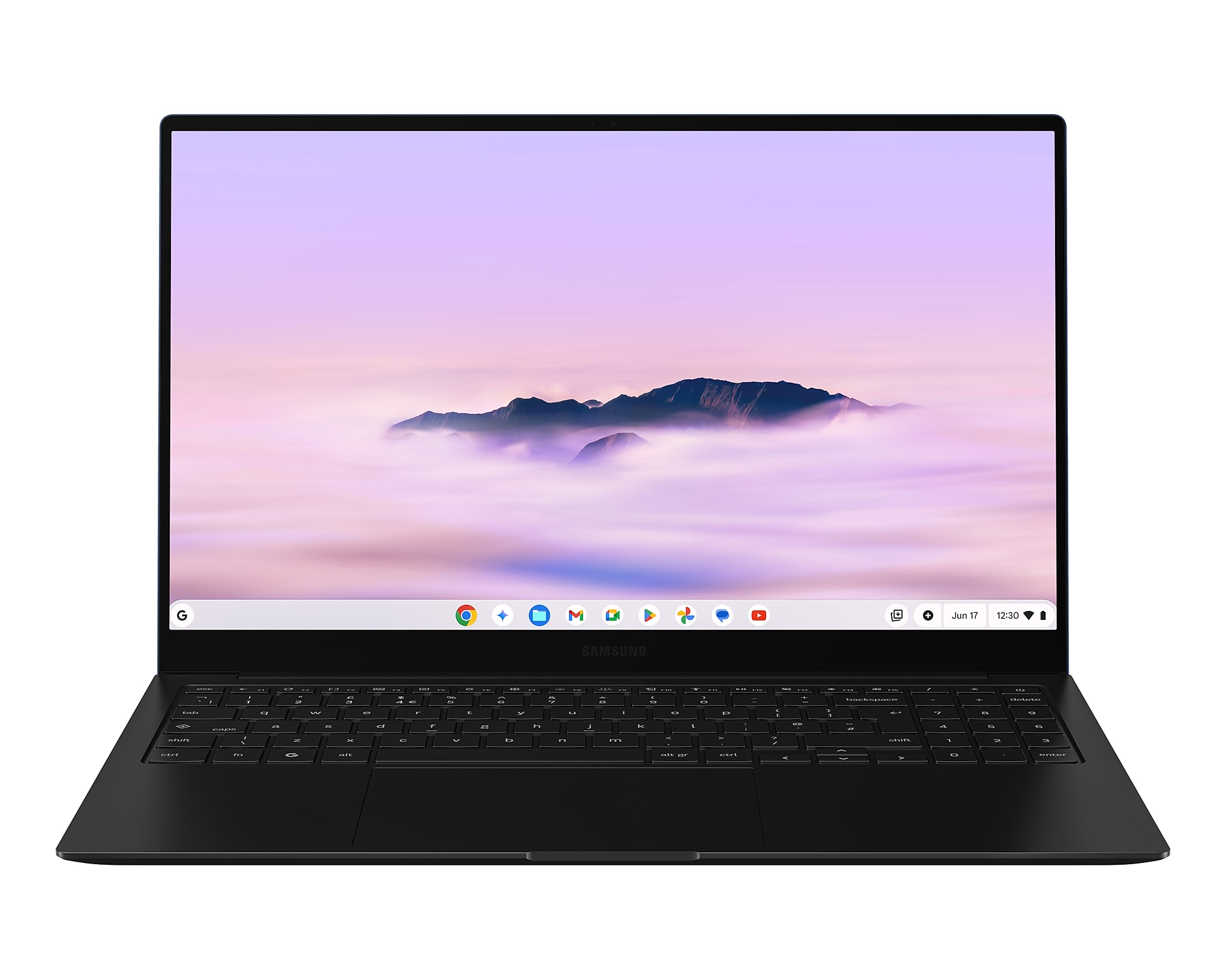 Laptop che mostra una vista sulle montagne su uno sfondo nuvoloso color lavanda.