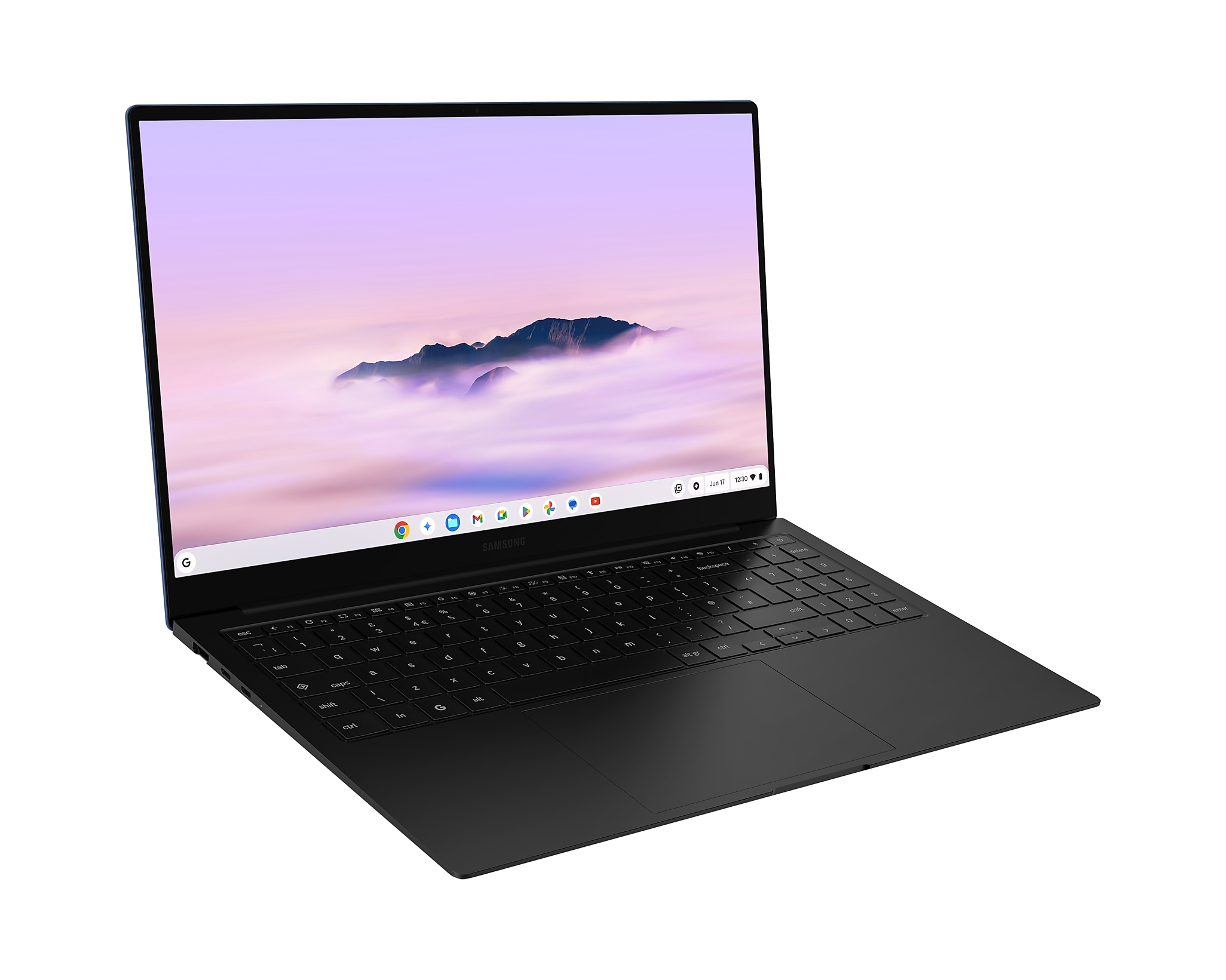Un laptop nero con schermo che mostra una scena del cielo, isolato su sfondo bianco.