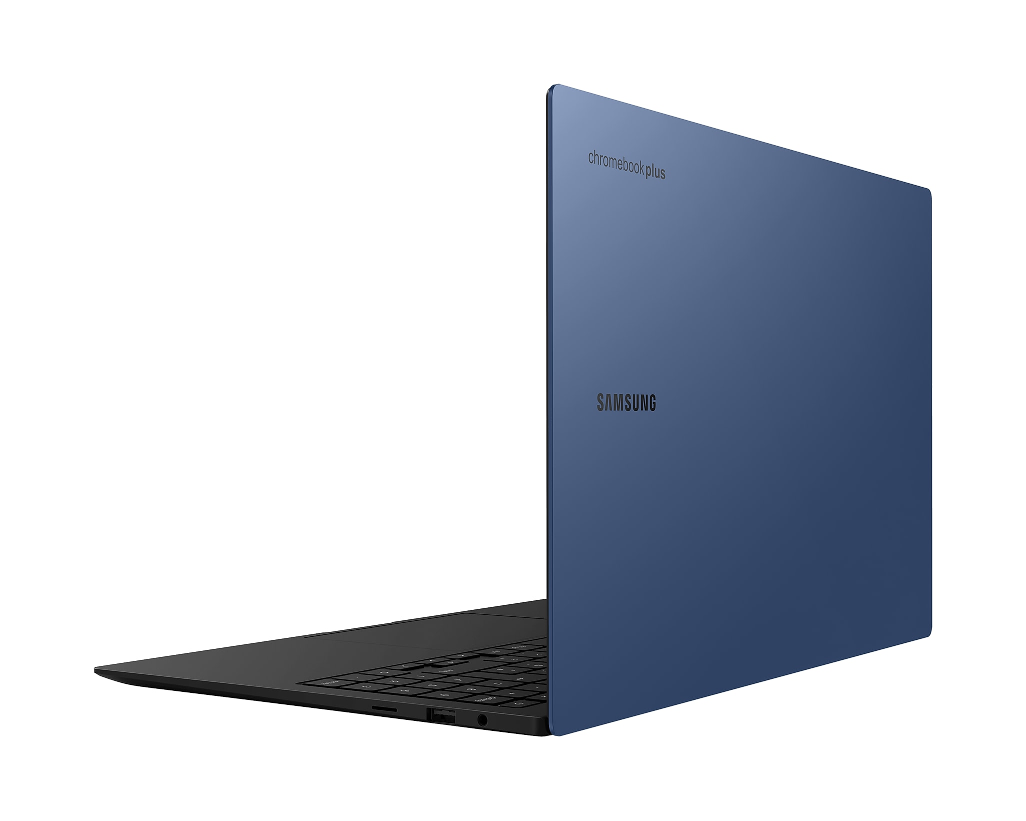 Laptop blu, parzialmente aperto, con tastiera nera e il logo Samsung.