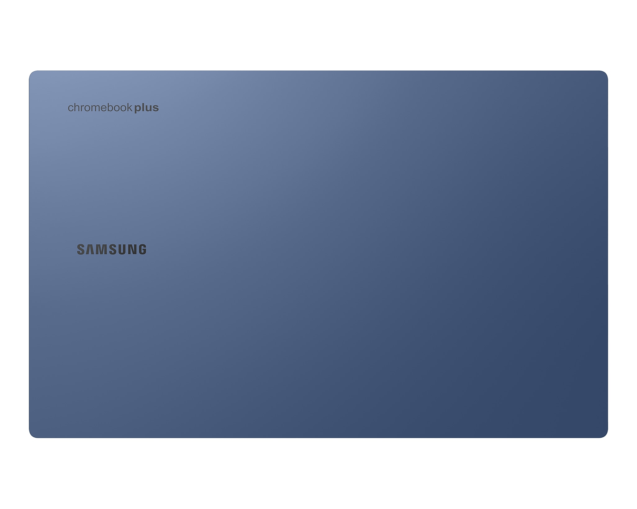 Parte superiore laptop blu scuro con testo 'chromebook plus' e 'SAMSUNG'.