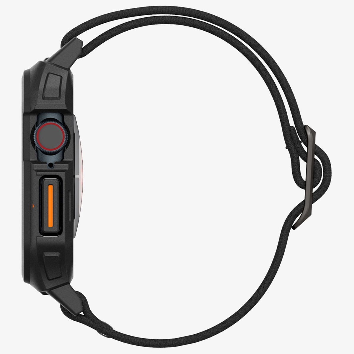 Smartwatch z czarnym paskiem i czerwonym przyciskiem.