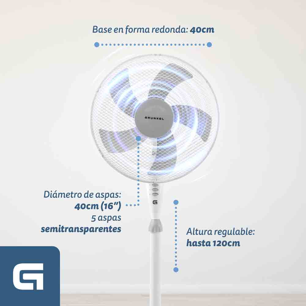Ventilatore a colonna bianco con 5 pale, su sfondo bianco. Testo ed etichette.