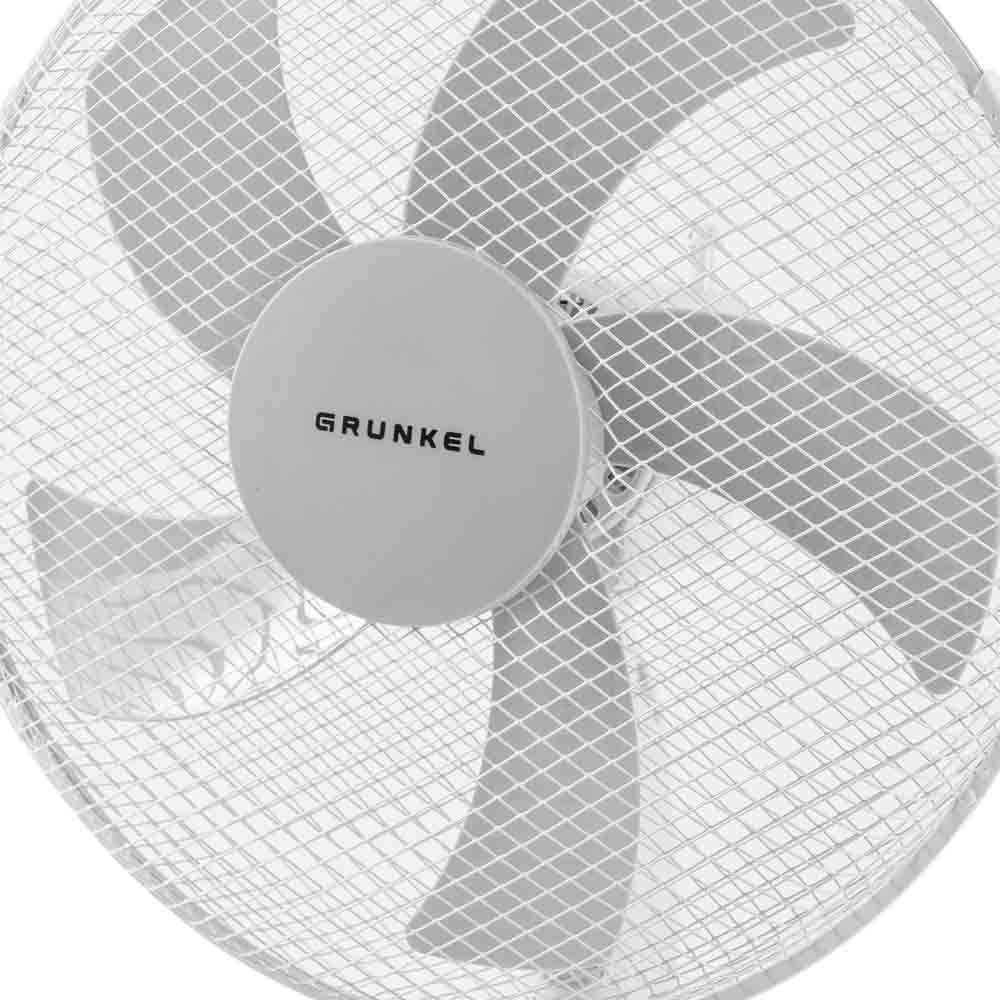 Grunkel-Ventilator mit weißen Flügeln, umschlossen von einem Schutzgitter.