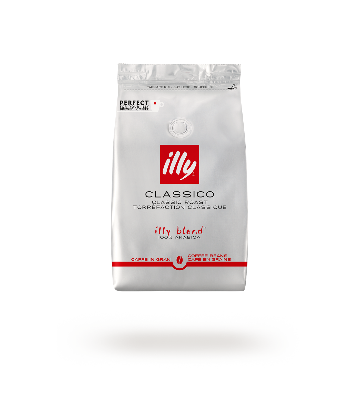 Confezione di caffè Illy, bianca con dettagli rossi, testo e chicchi di caffè.