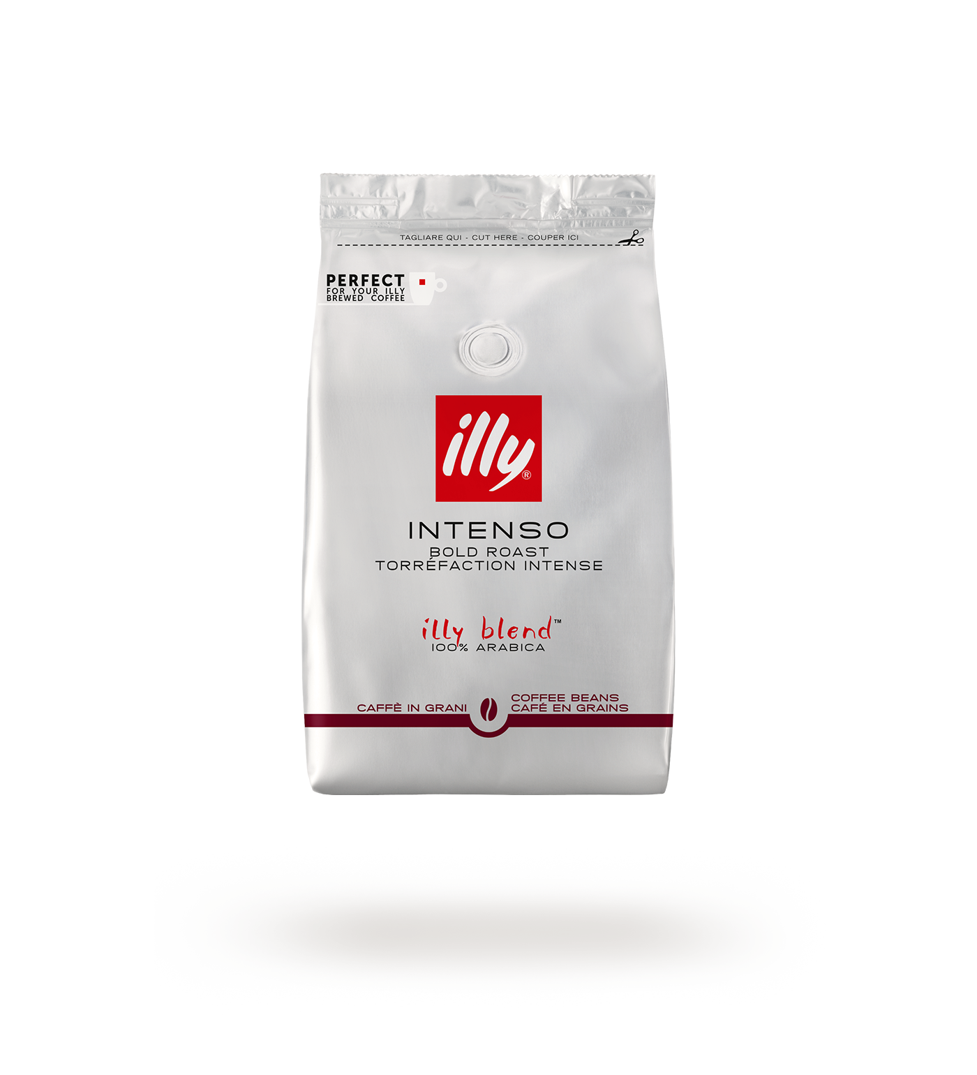 Sacchetto di caffè Illy Intenso, argento, testo nero, logo rosso. Fondi di caffè marroni in basso.