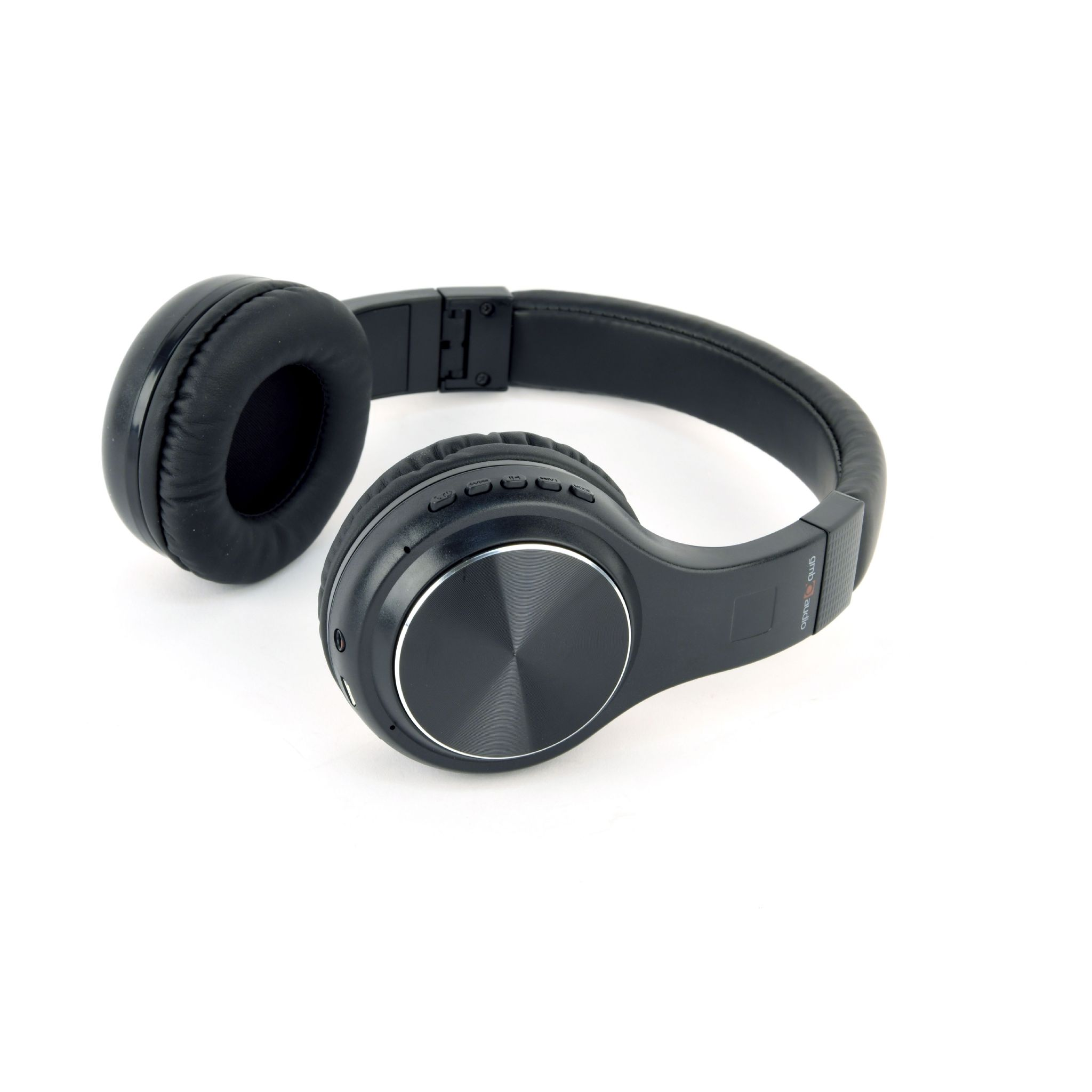 Auriculares inalámbricos negros, diseño over-ear, sobre una superficie blanca.
