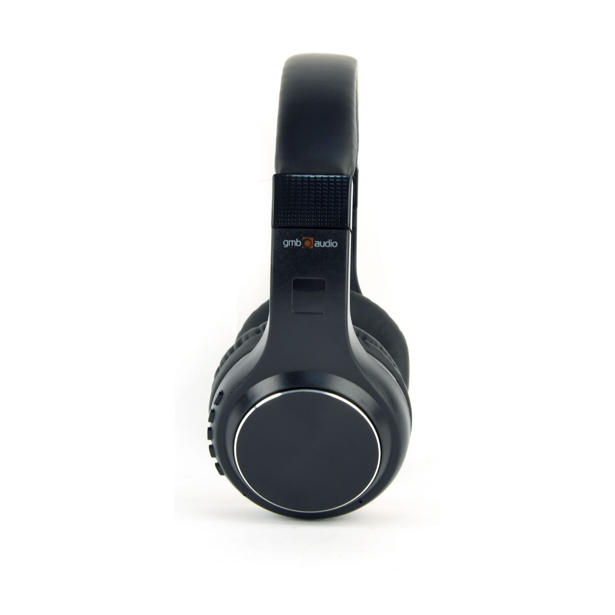 Auriculares GMB Audio negros, vista frontal, sobre blanco.
