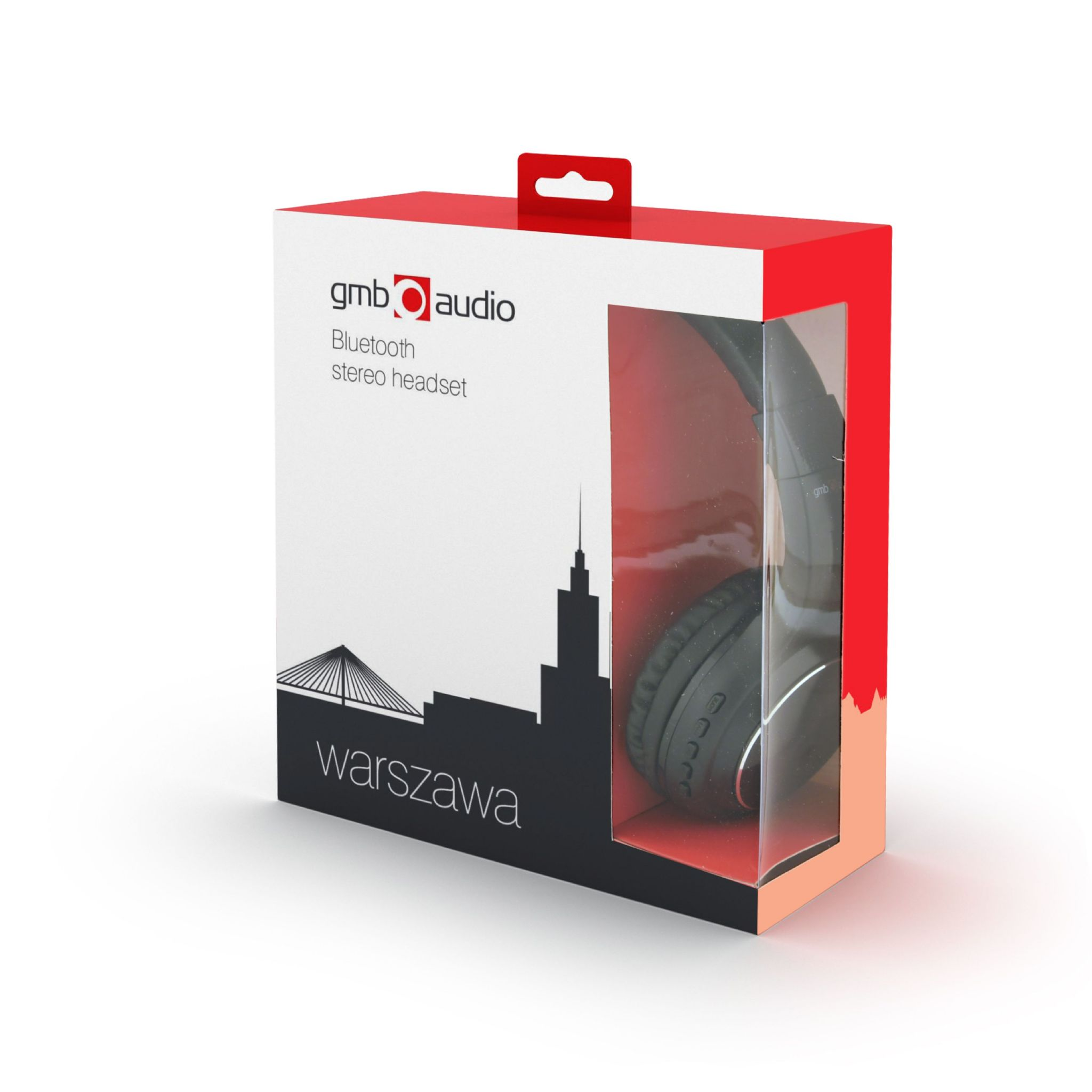 Caja de auriculares con auriculares visibles. Silueta de Varsovia en el fondo.