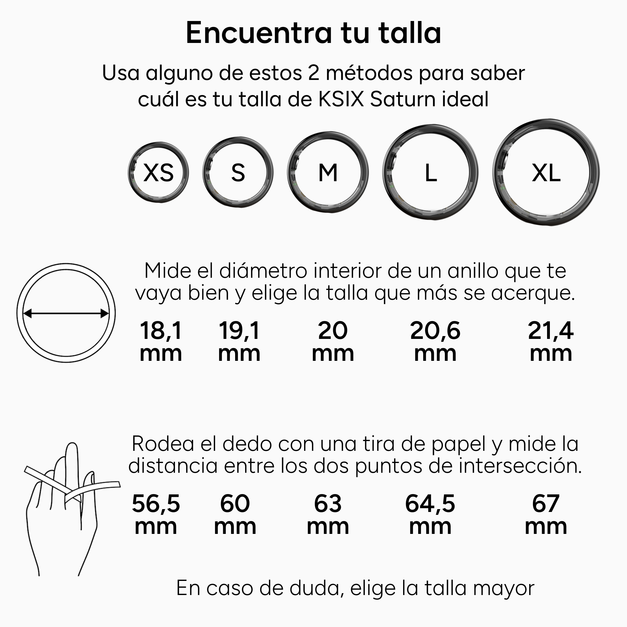 Diagrama que muestra tallas de anillos con medidas en mm y un método para medir el tamaño del dedo.