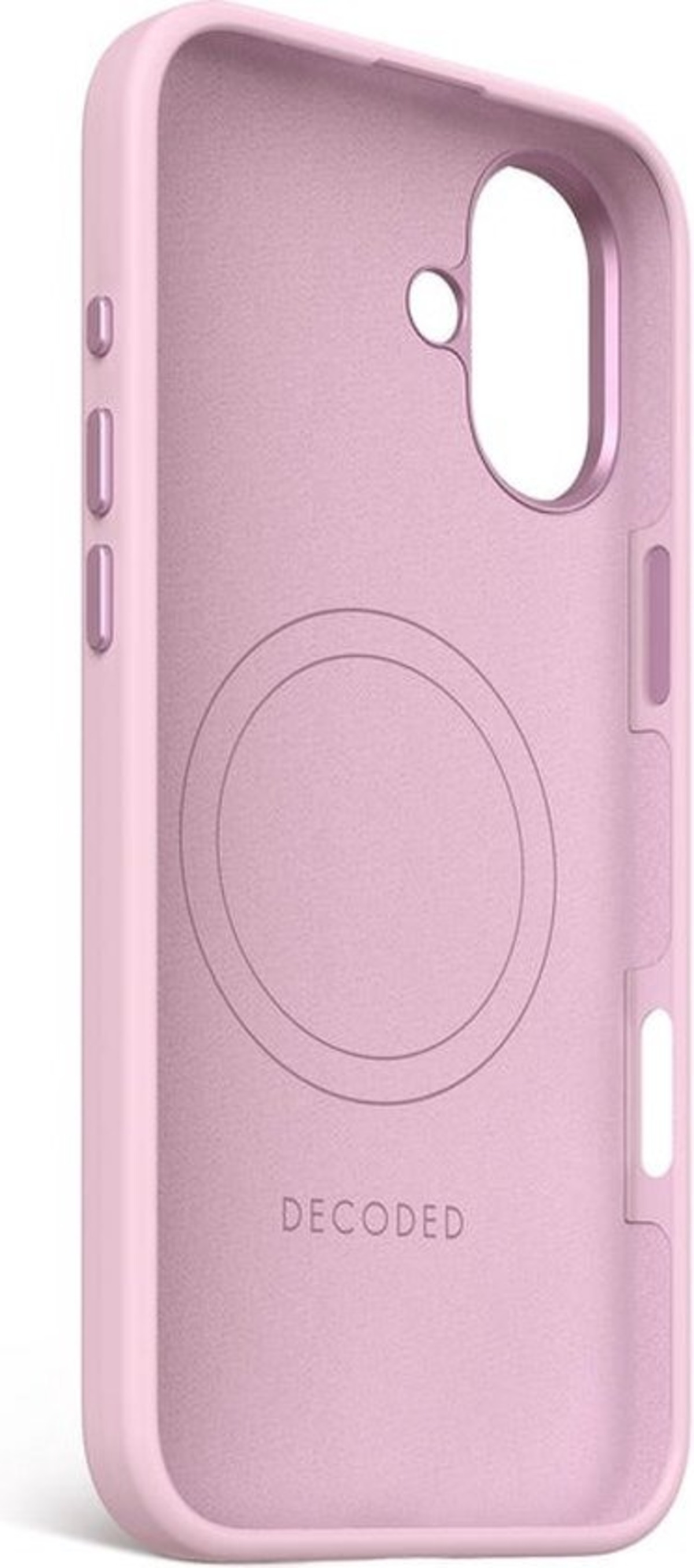 Coque de téléphone rose avec une encoche circulaire et le mot 'DECODED'.