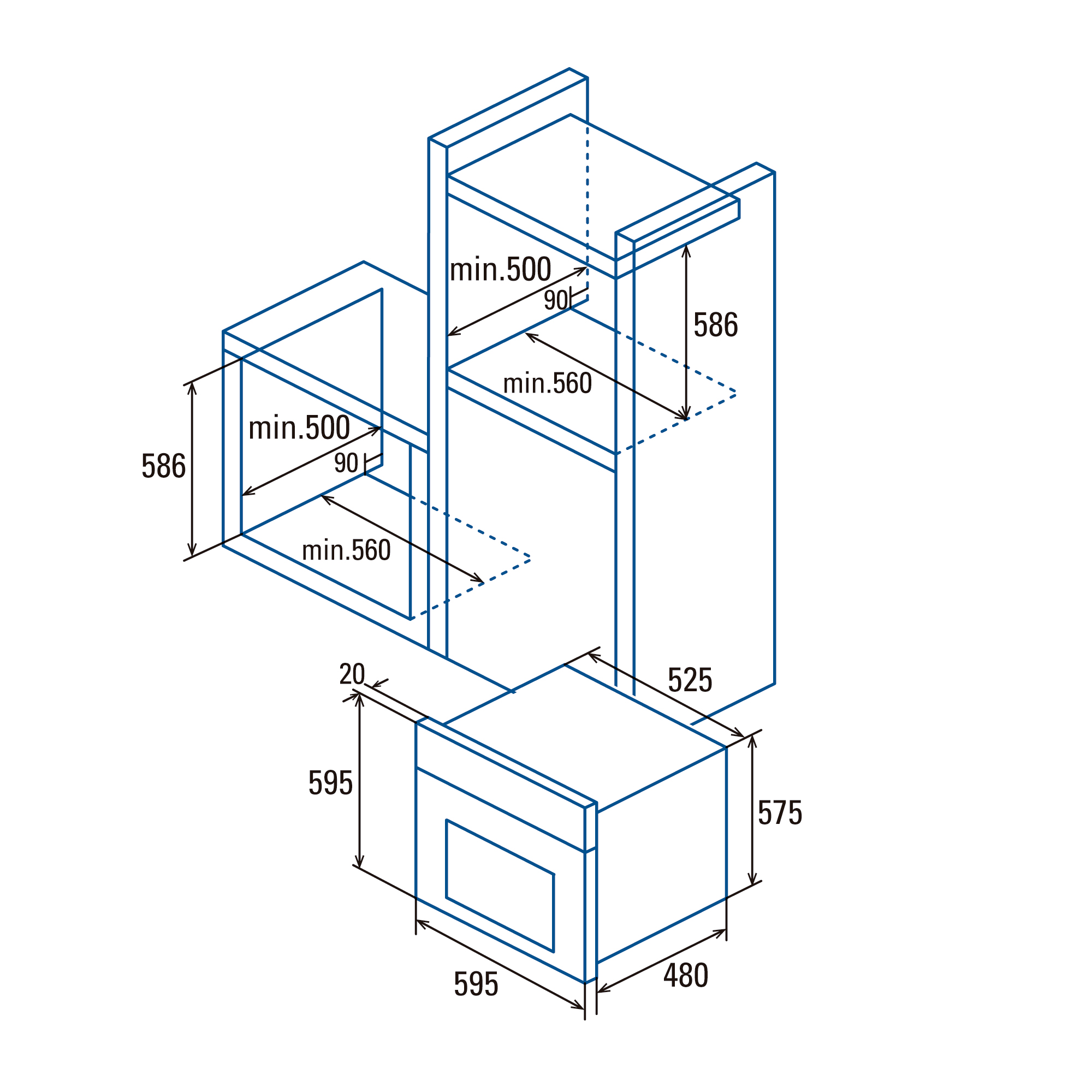 Diagrama mostrando dimensiones para electrodomésticos empotrados, como microondas u horno.