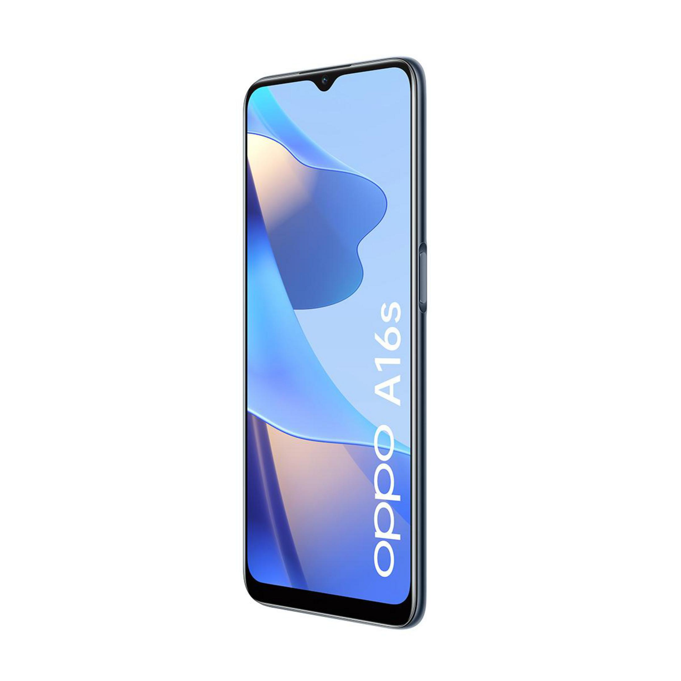Oppo A16s Smartphone. Blaues Telefon mit schwarzem Bildschirm. Das Telefon ist angewinkelt.