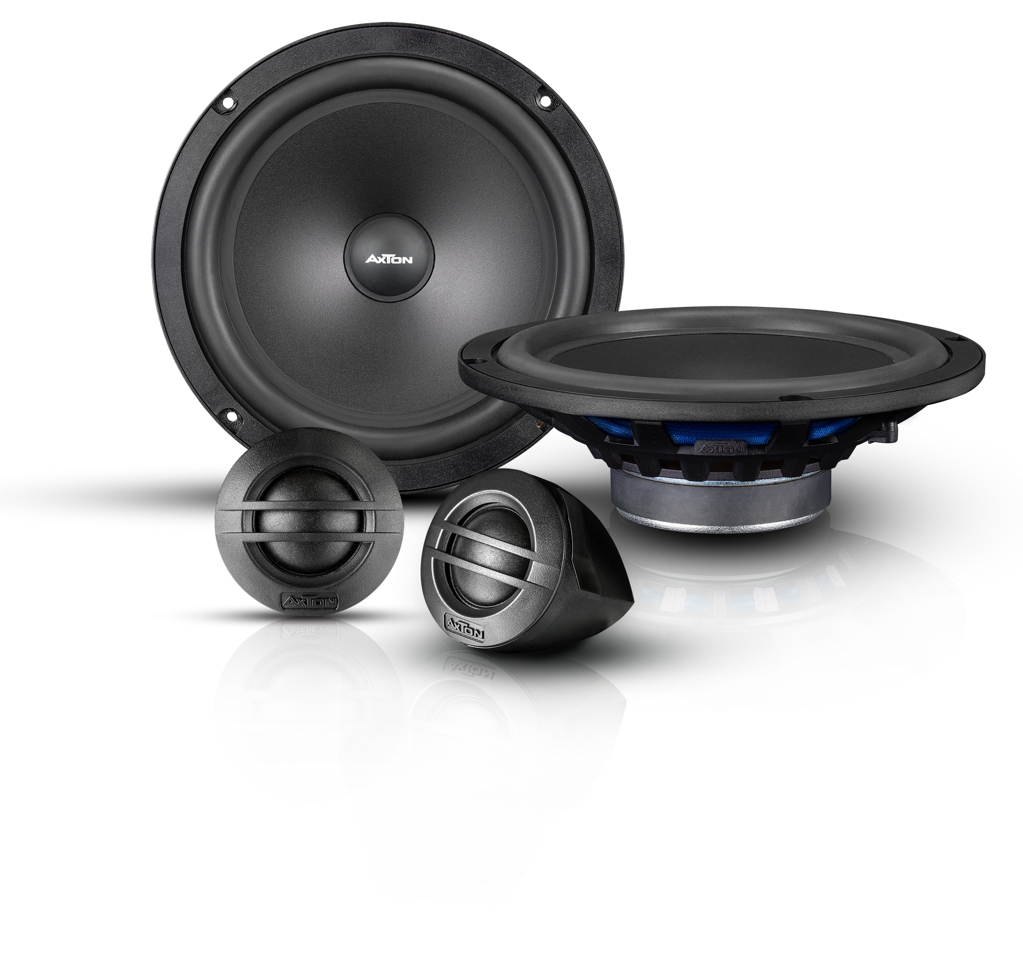 Lautsprecher mit schwarzem Finish. Enthält Subwoofer, Mitteltonlautsprecher.