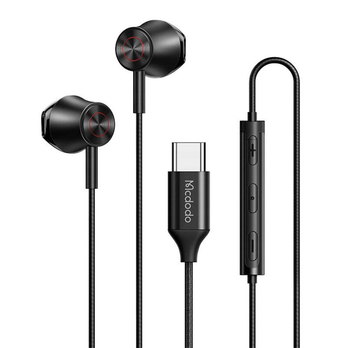 Auricolari neri con connettore USB-C e controllo in linea su un cavo nero.